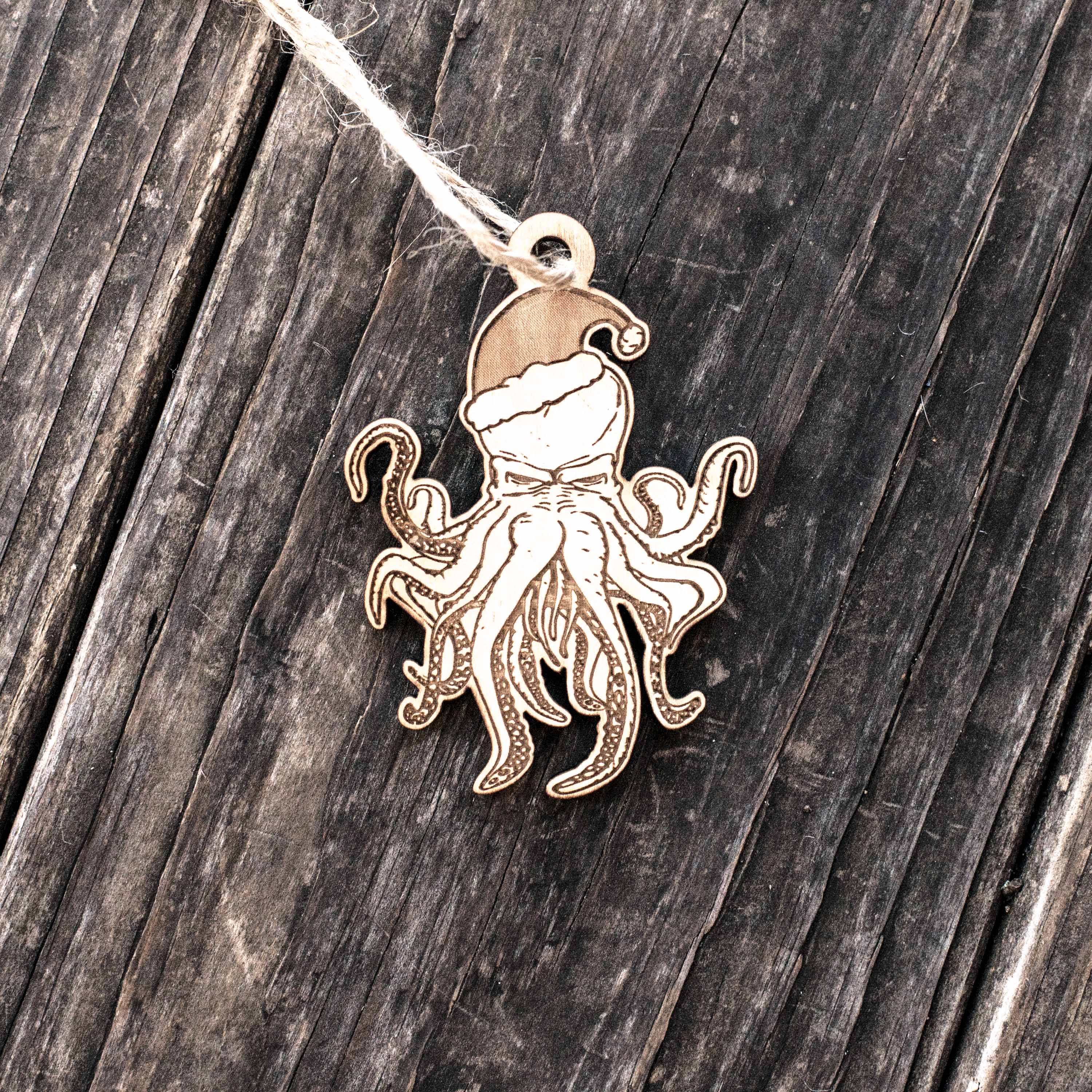 Ornament - Santa Cthulhu - Raw Wood 3x2in