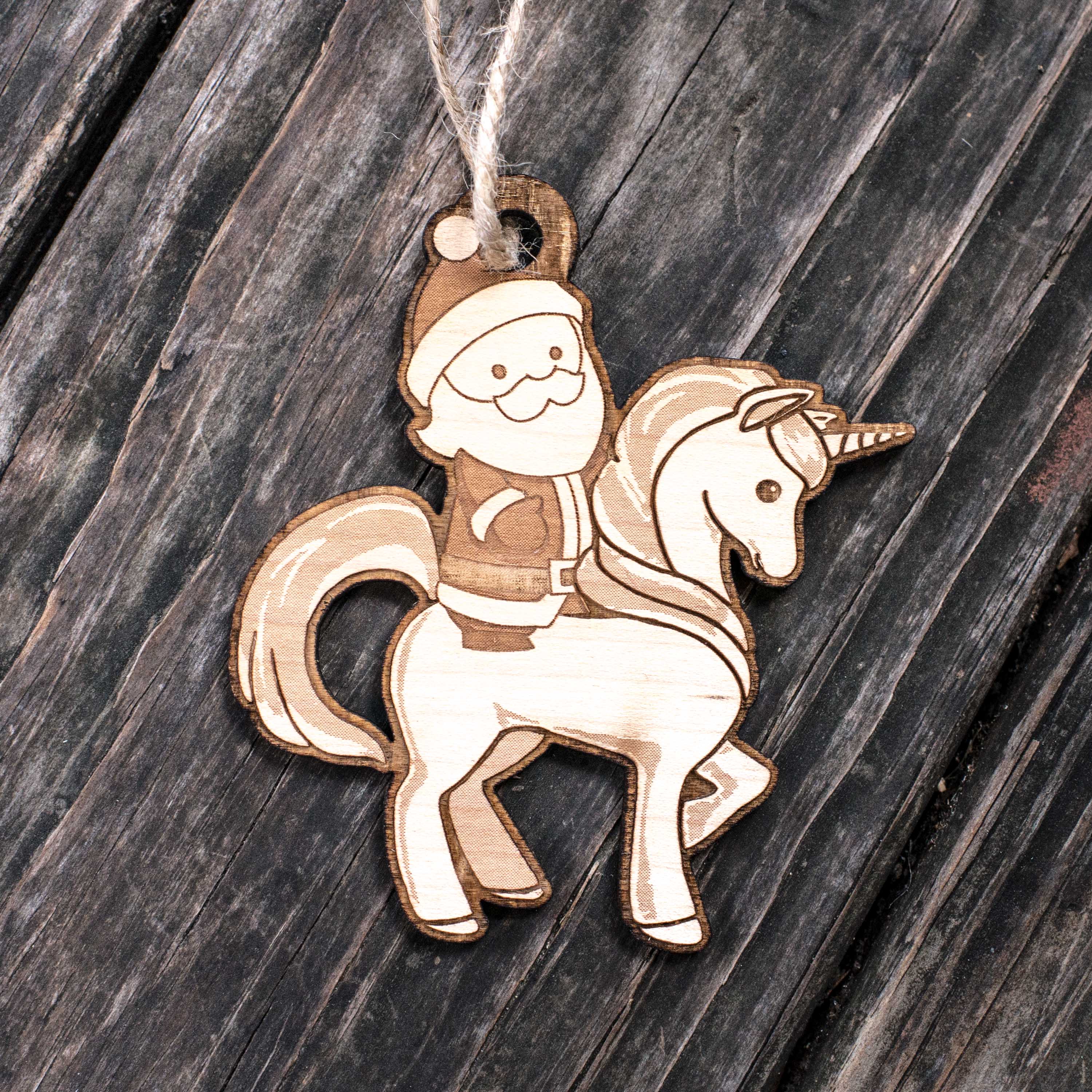 Ornament - Santa's Unicorn - Raw Wood 3x4in