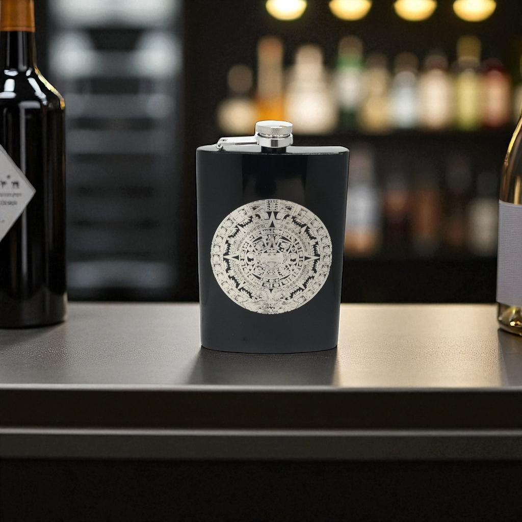 8oz BLACK Mayan Calendar Flask