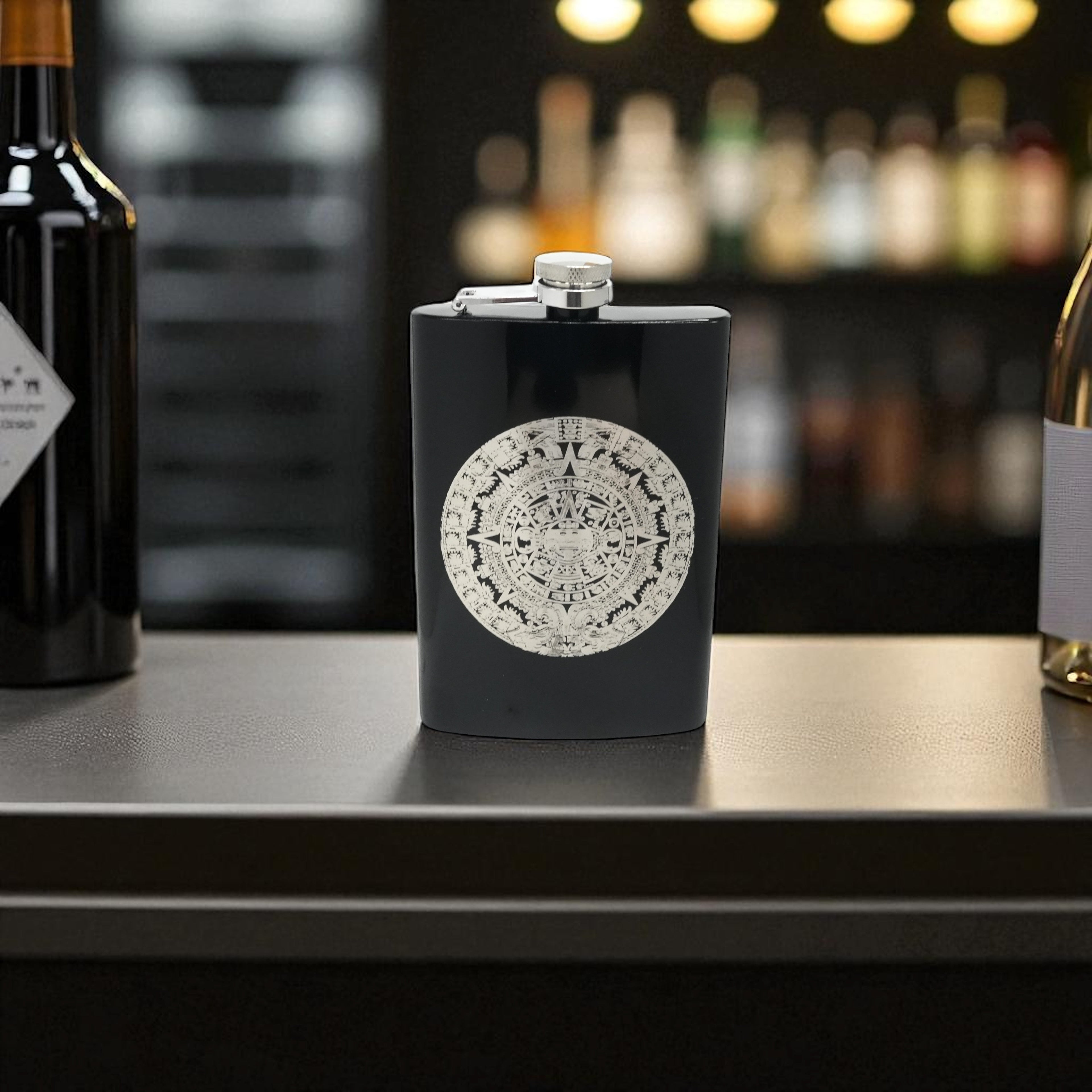8oz BLACK Mayan Calendar Flask