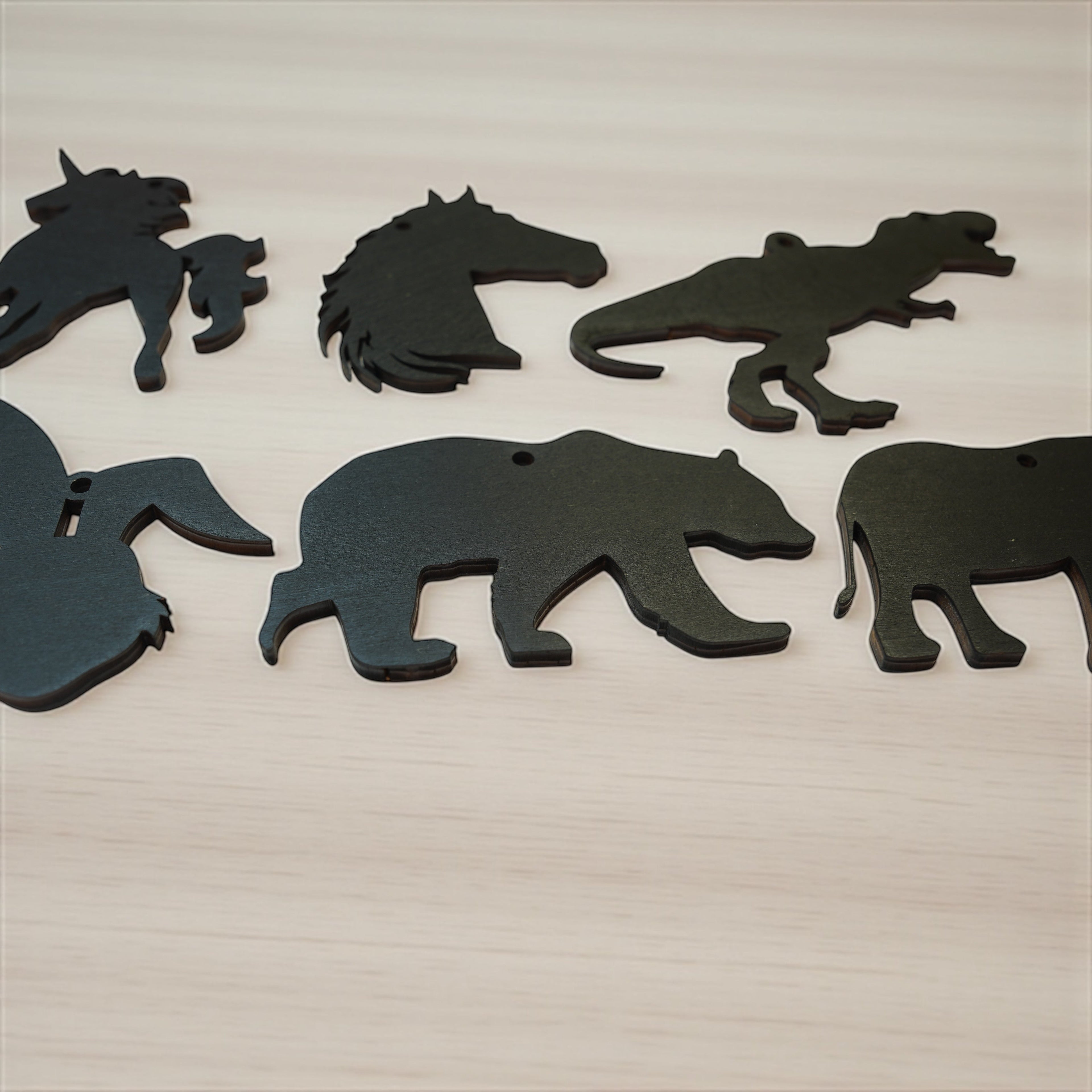Ornament - Black - Animal Silhouette Set of 6 - T-rex, Elephant, Unicorn, Horse, Bear, Rabbit