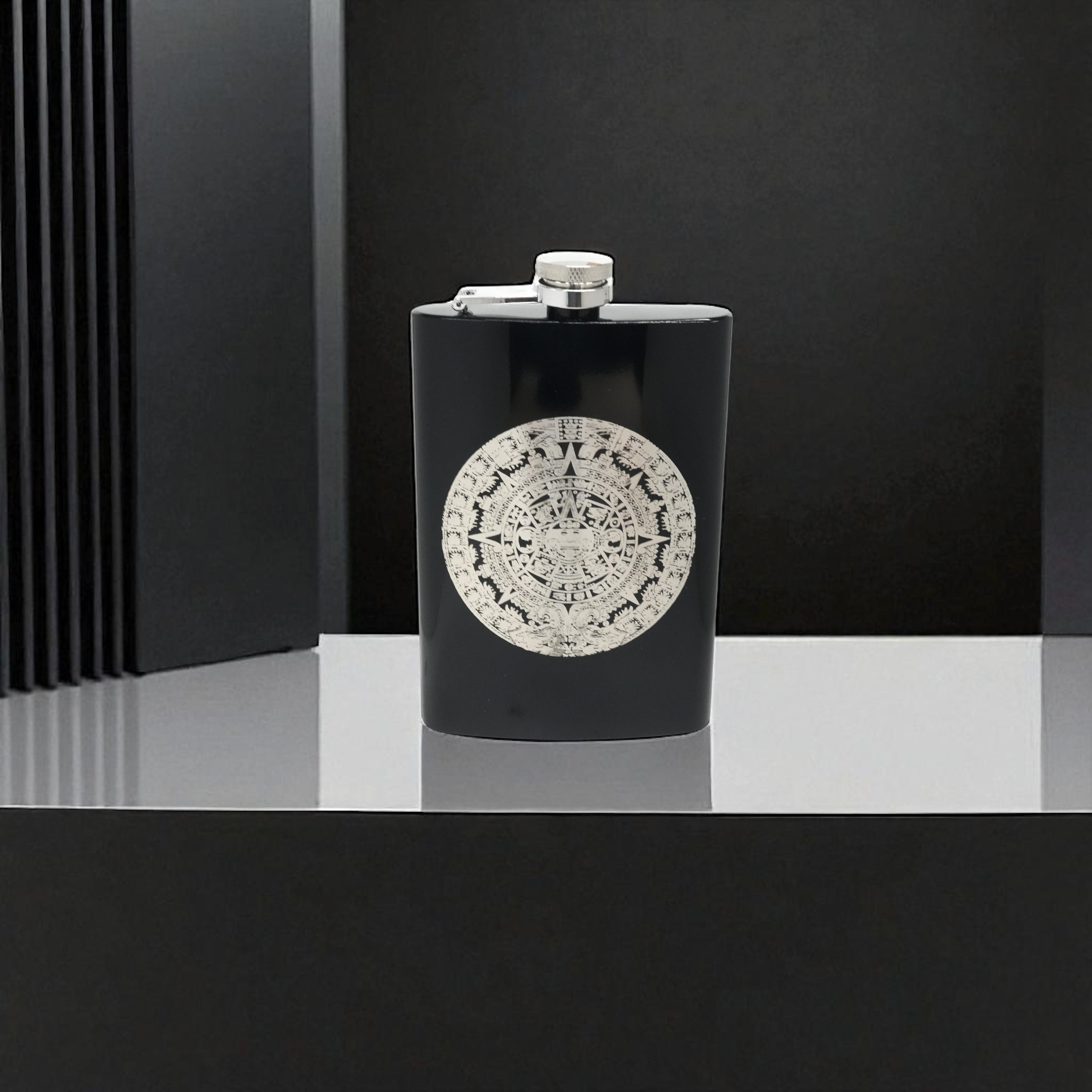 8oz BLACK Mayan Calendar Flask