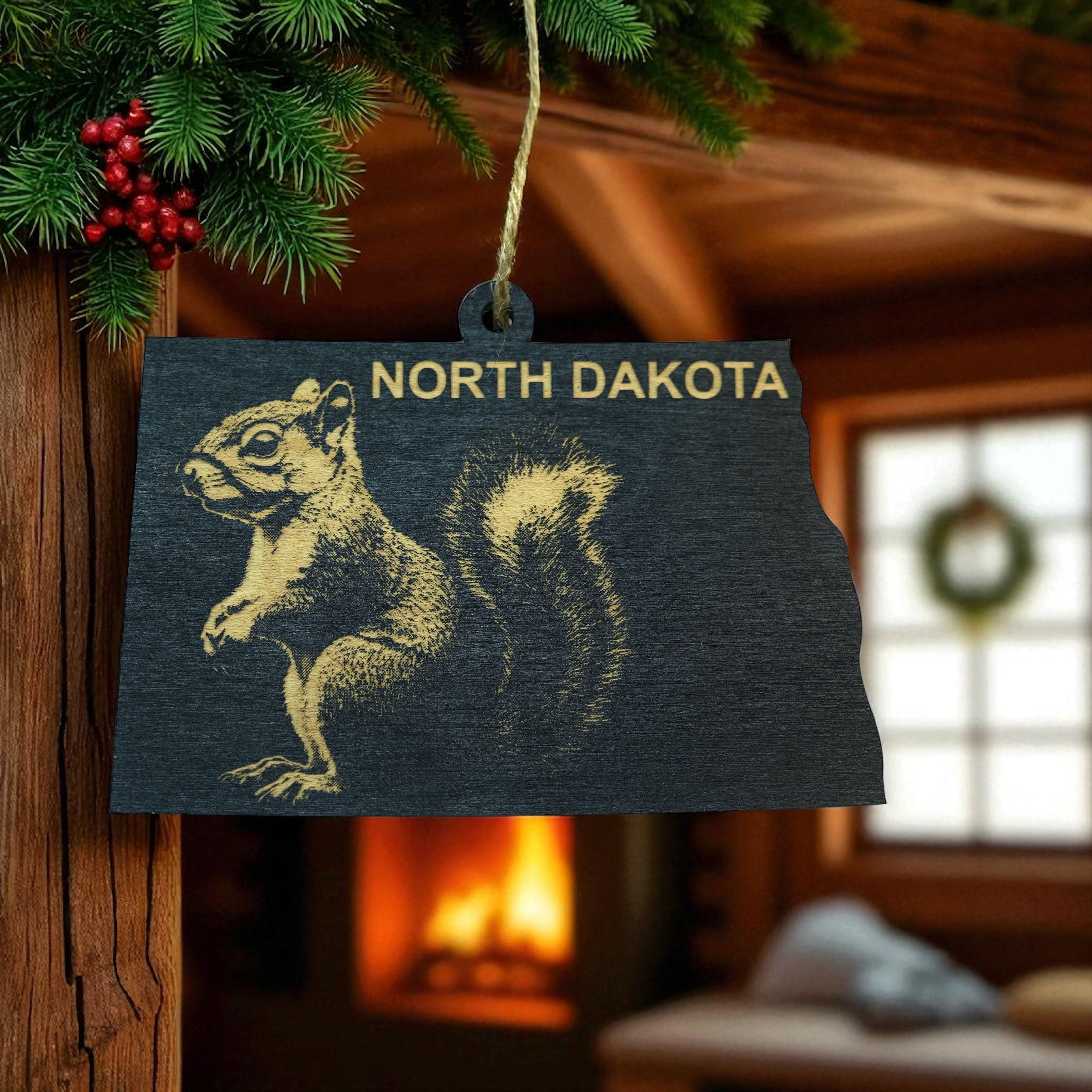 Ornament - Black - North Dakota with Squirrel