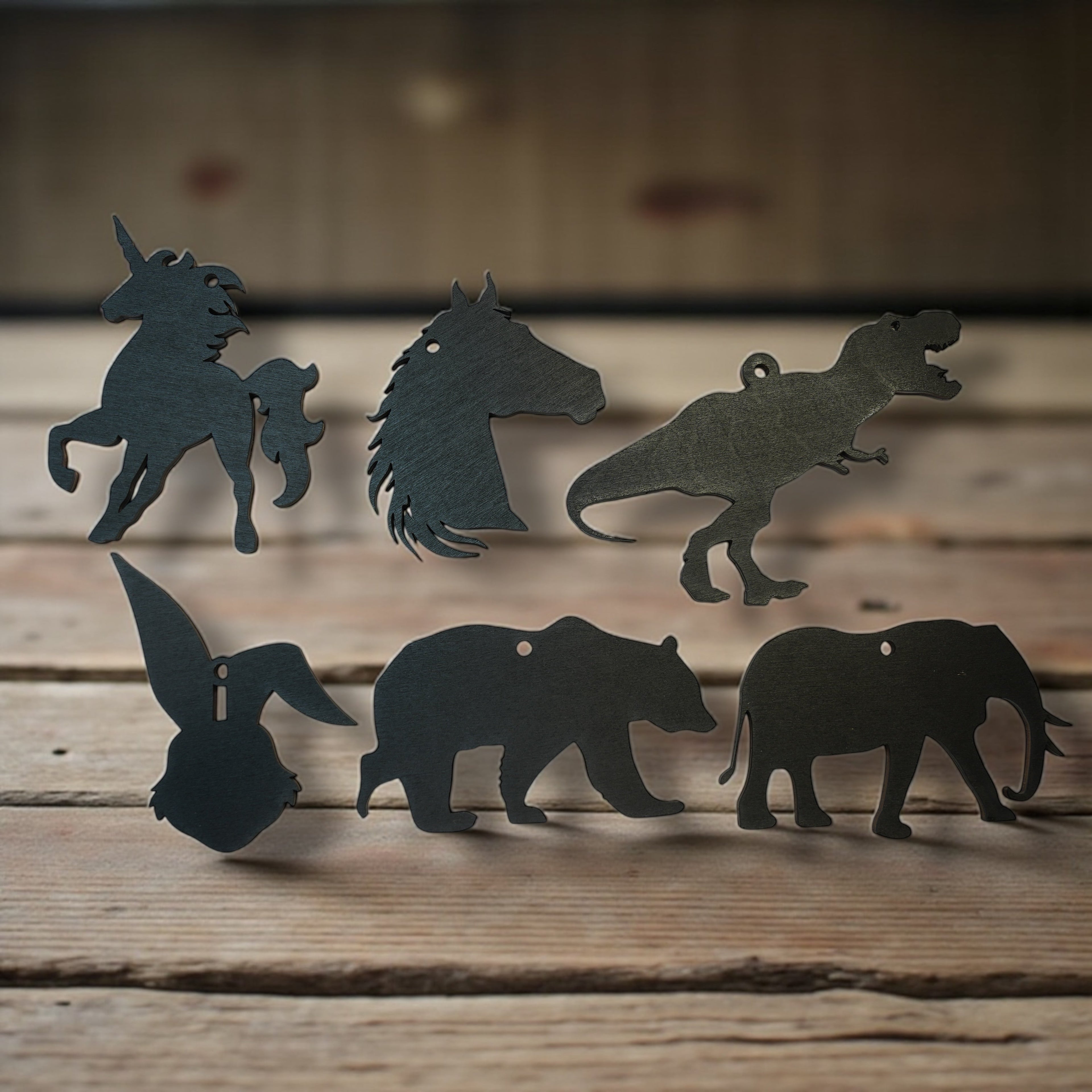 Ornament - Black - Animal Silhouette Set of 6 - T-rex, Elephant, Unicorn, Horse, Bear, Rabbit