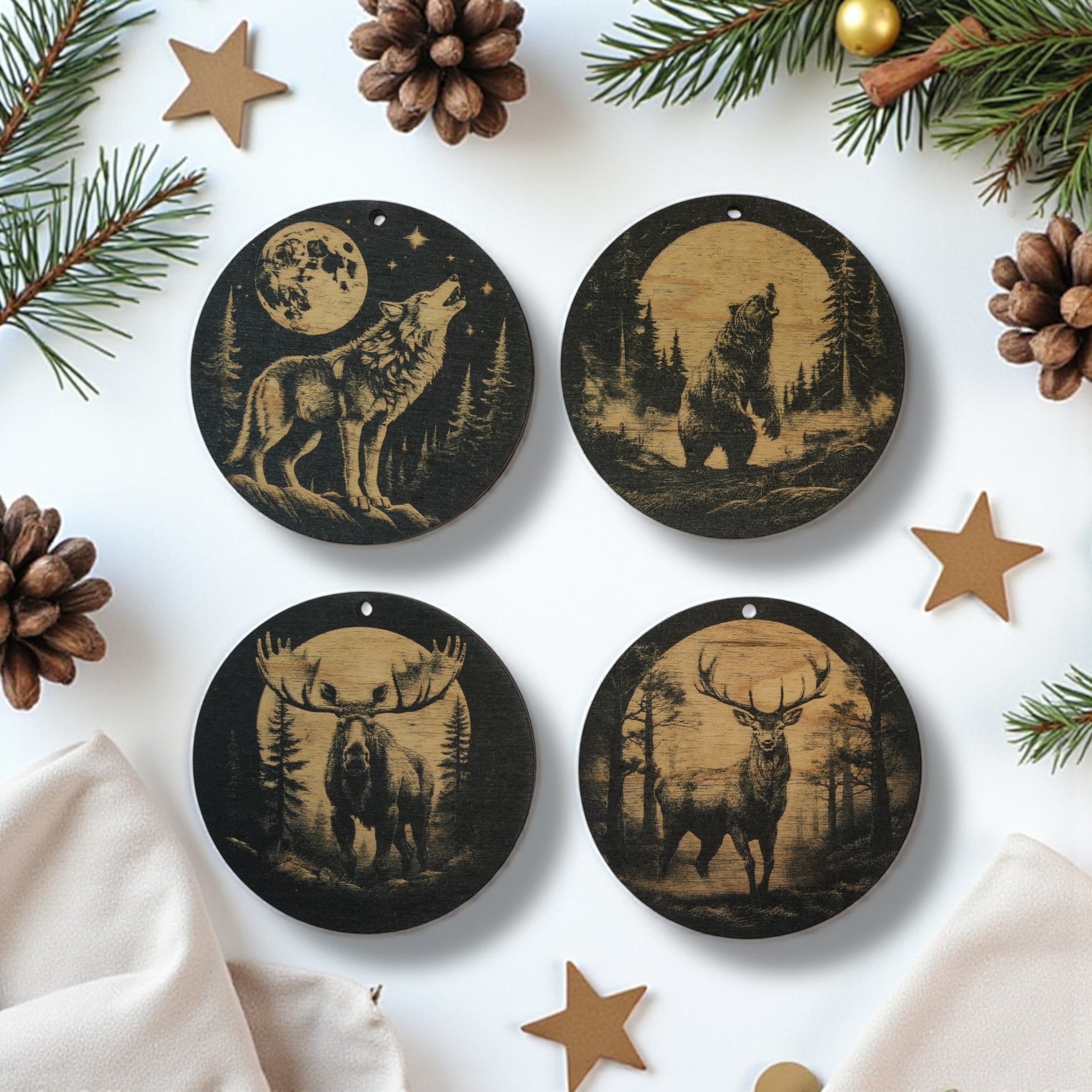 Ornament - Black - Woods at Night SET of 4