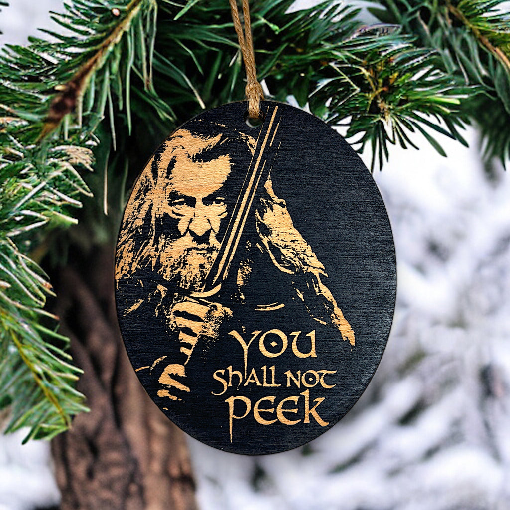 Ornament - You Shall Not Peek - Black Painted Wood 4x3in