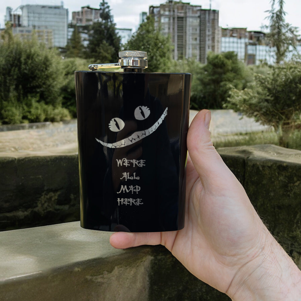 8oz BLACK We're All Mad Here Flask