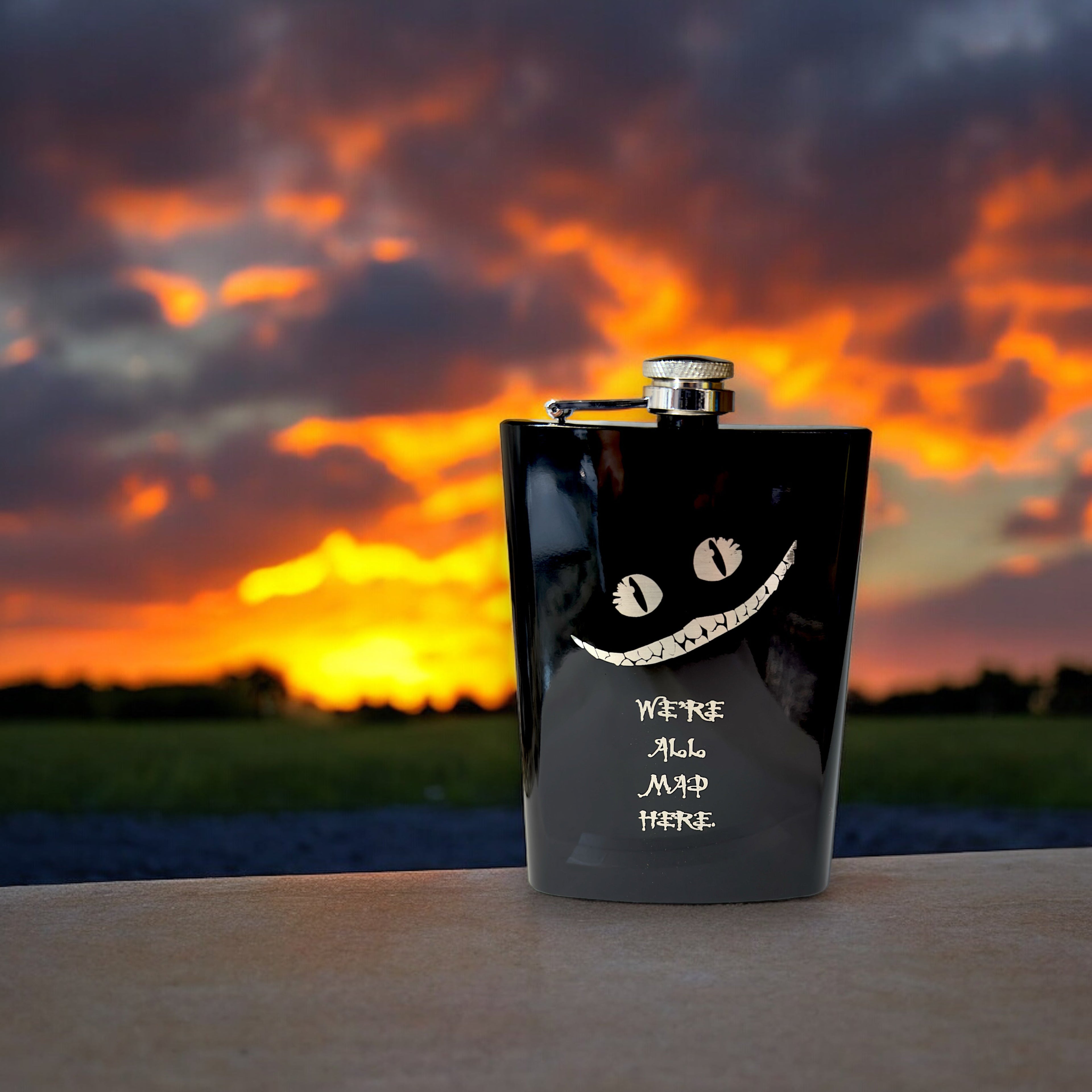 8oz BLACK We're All Mad Here Flask