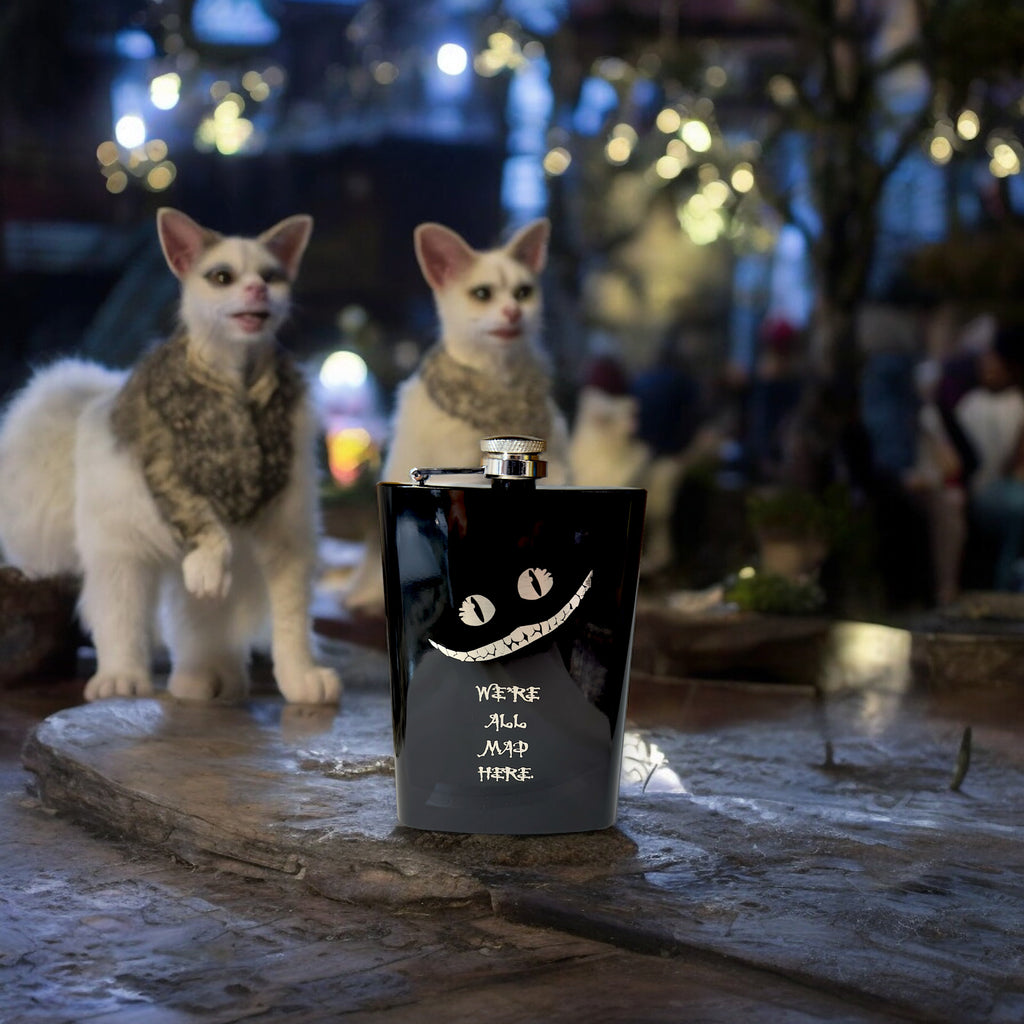 8oz BLACK We're All Mad Here Flask