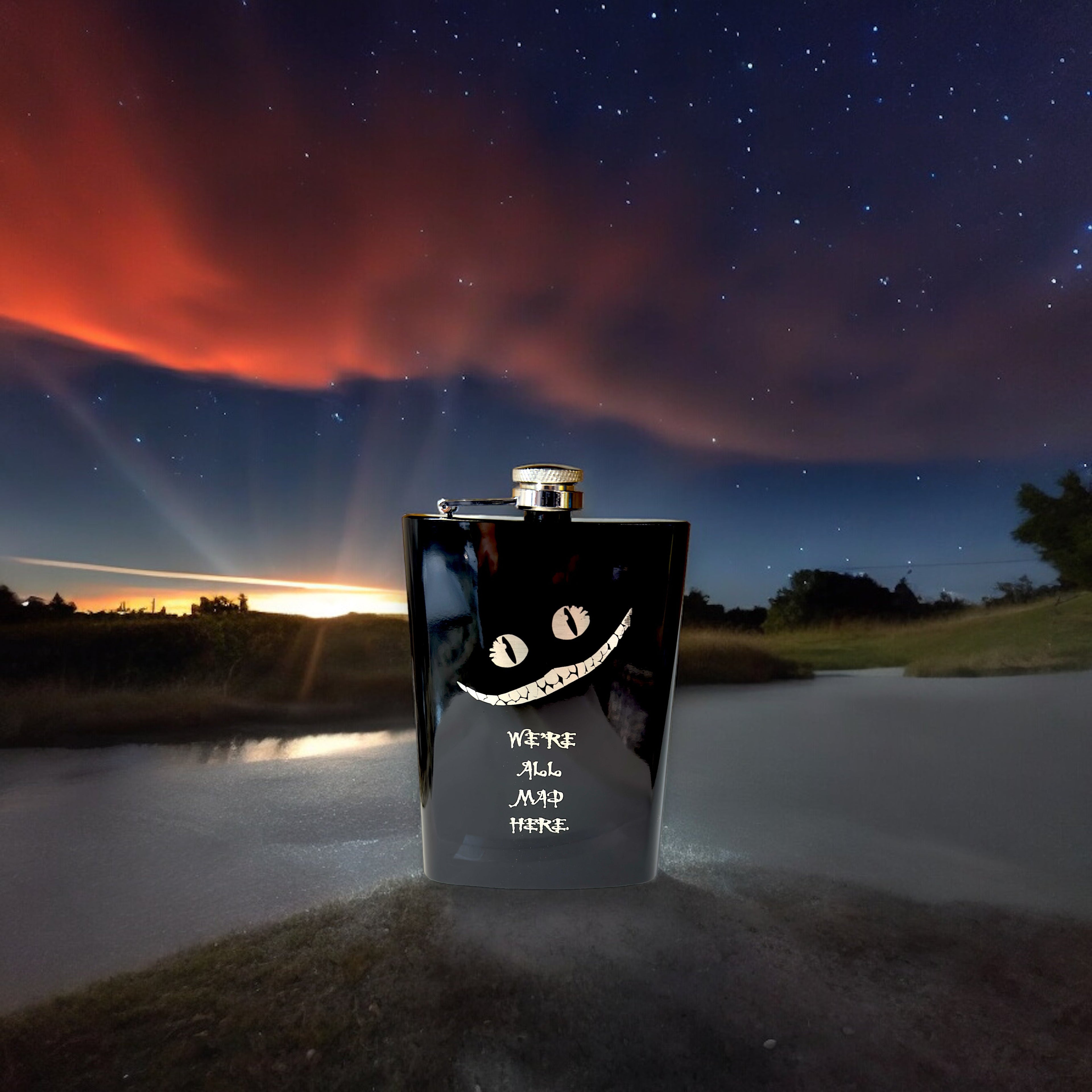 8oz BLACK We're All Mad Here Flask