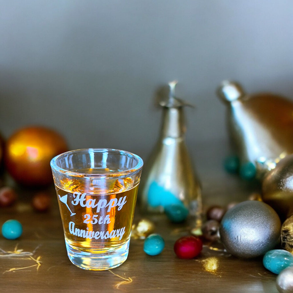 2oz Happy 25th Anniversary shot glass