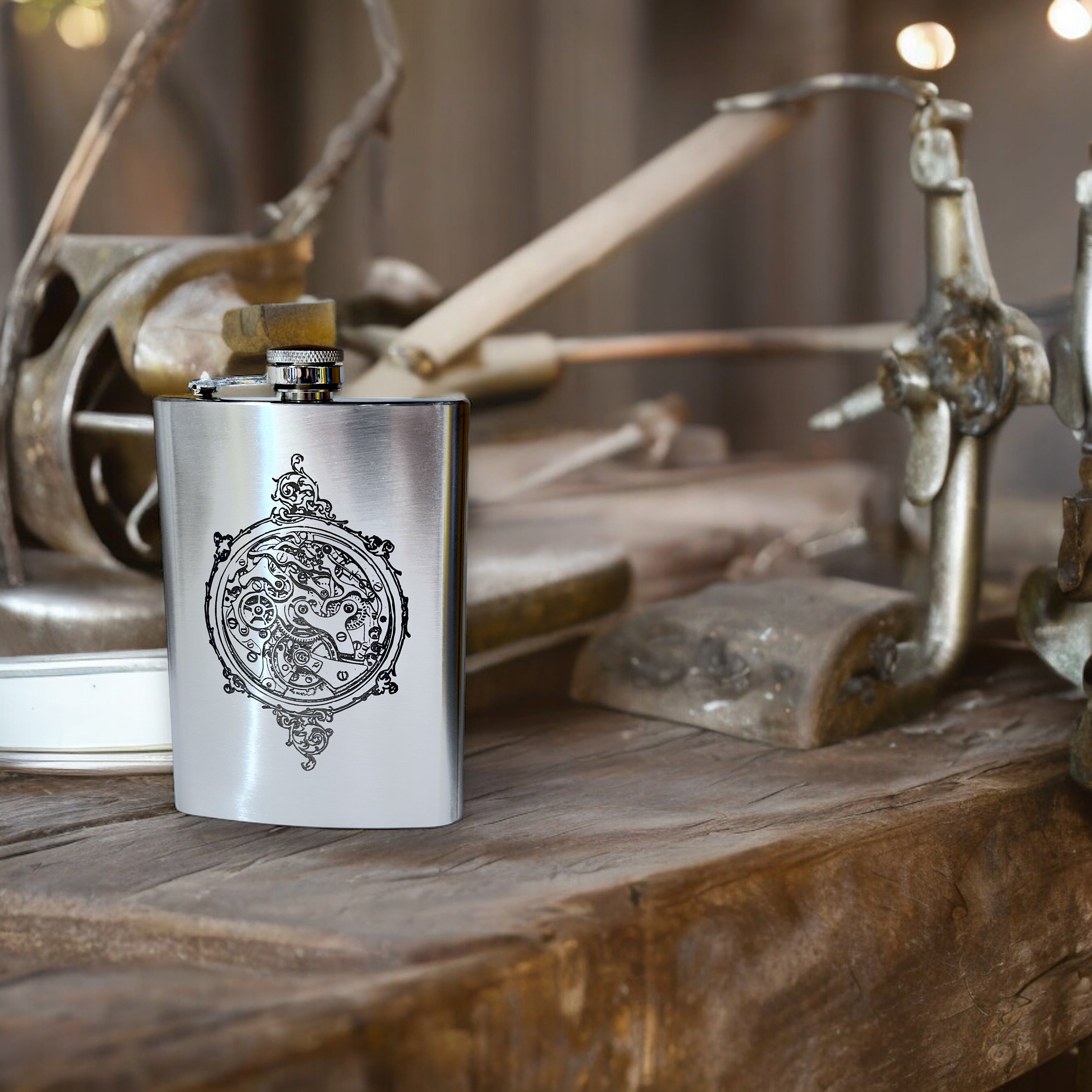 8oz Steampunk Clockworks Stainless Steel Flask