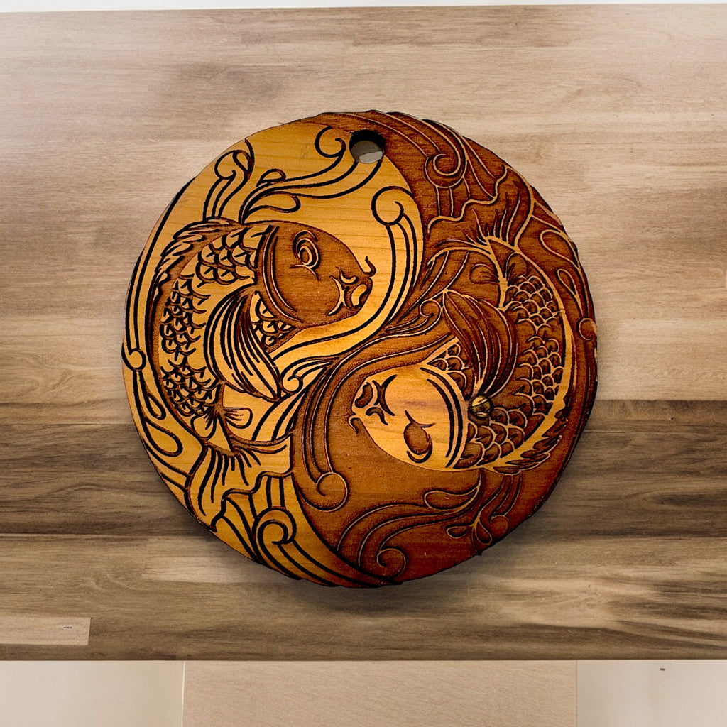 Yin Yang Koi Fish - Raw Cedar Ornament 3x3in