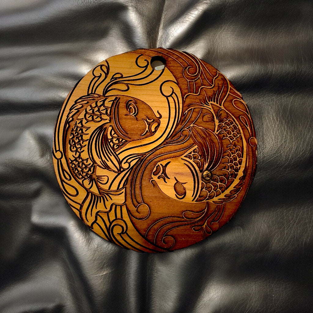 Yin Yang Koi Fish - Raw Cedar Ornament 3x3in