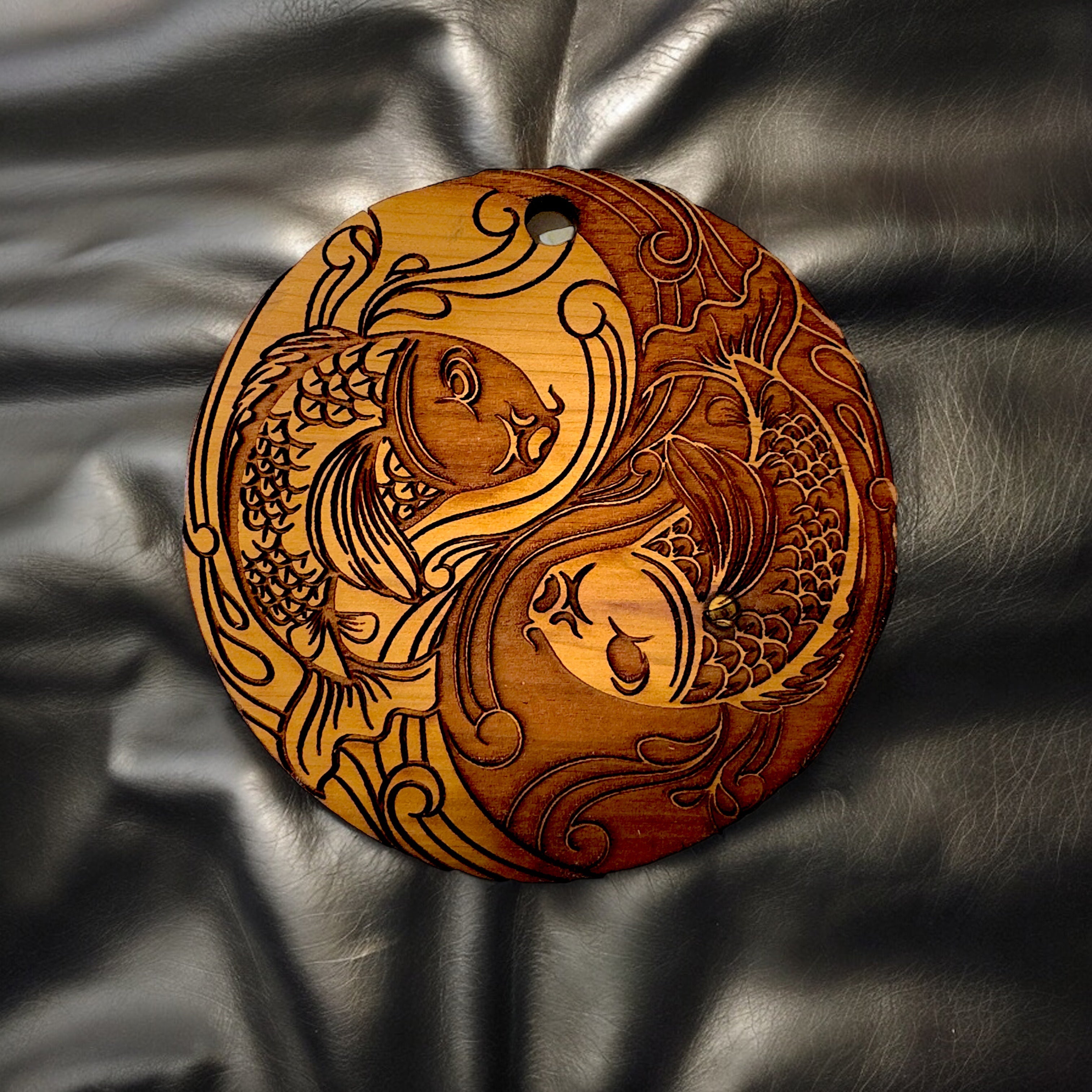 Yin Yang Koi Fish - Raw Cedar Ornament 3x3in