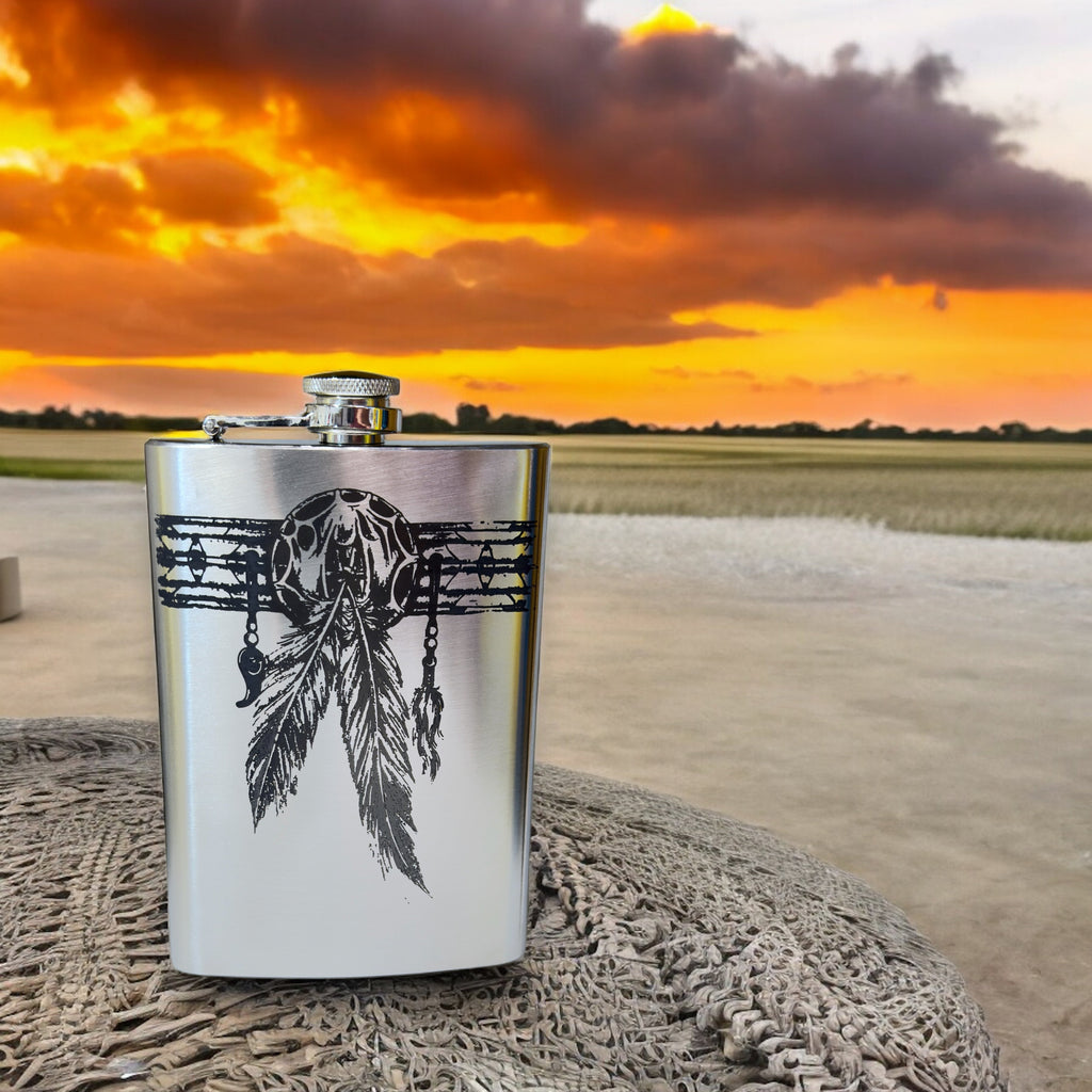 8oz Native American Feather Band Stainless Steel Flask