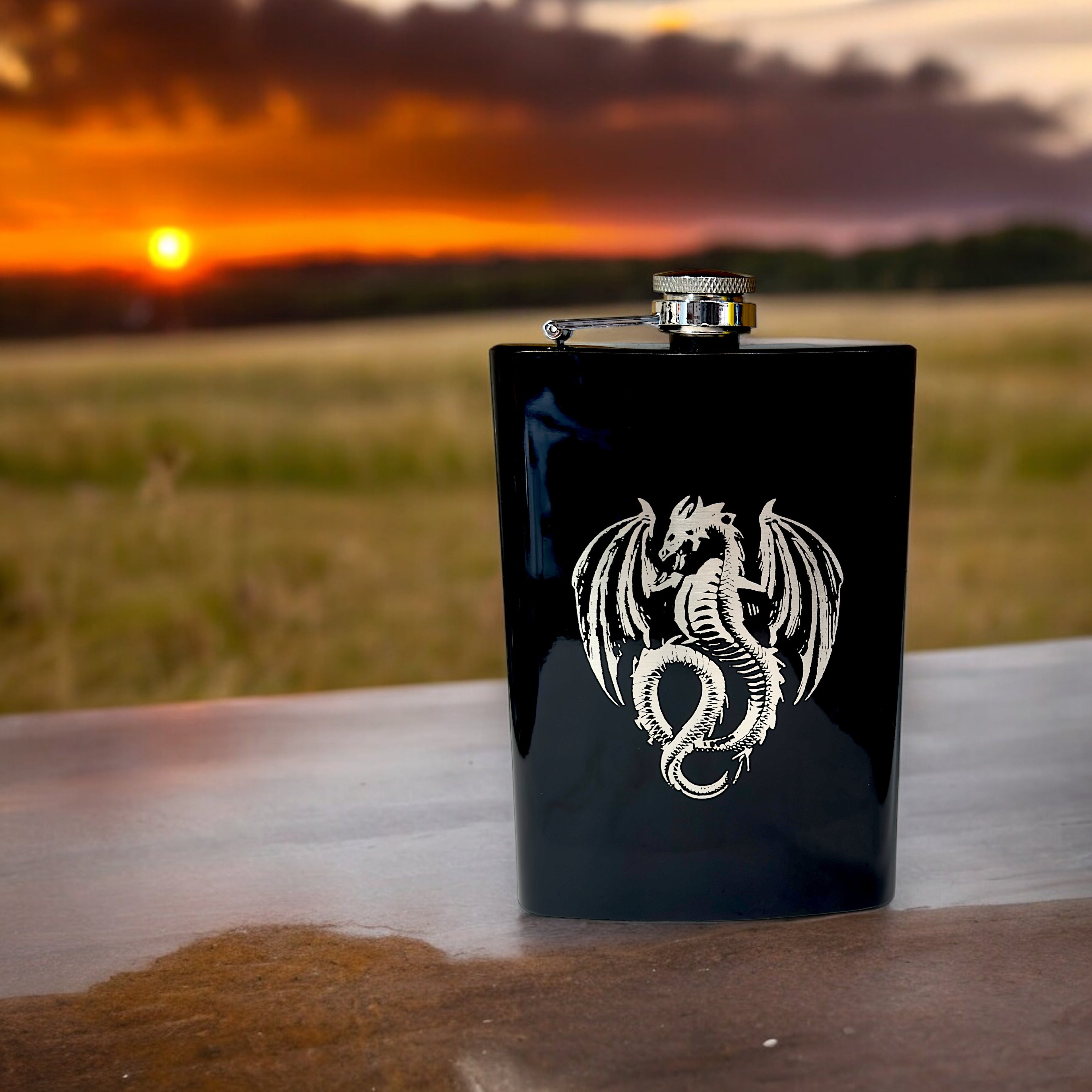8oz BLACK Vintage Flying Dragon Flask