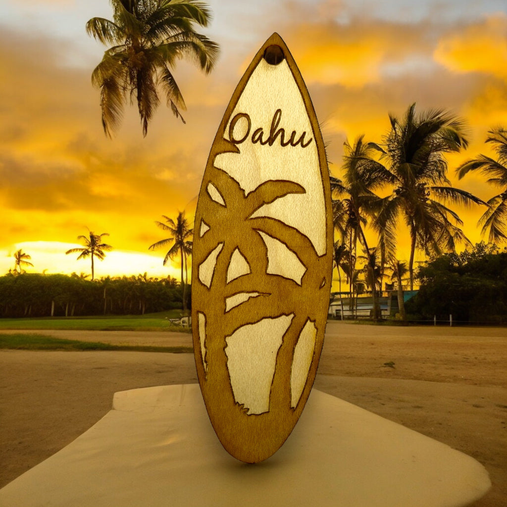 Ornament - Oahu Palm Tree Surfboard - Raw Wood Maple