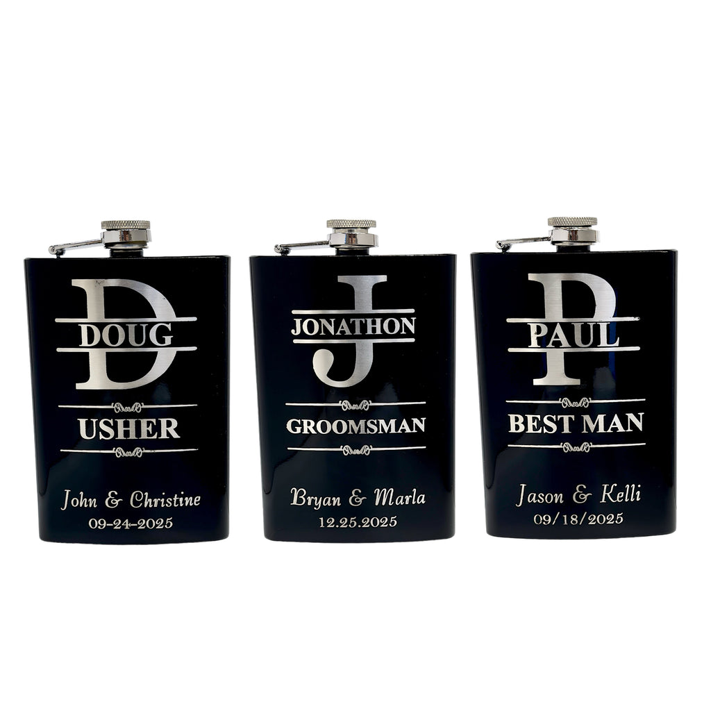 Split Letter Monogram Wedding flask for Groomsman Best Man Gifts PERSONALIZED BLACK FLASK