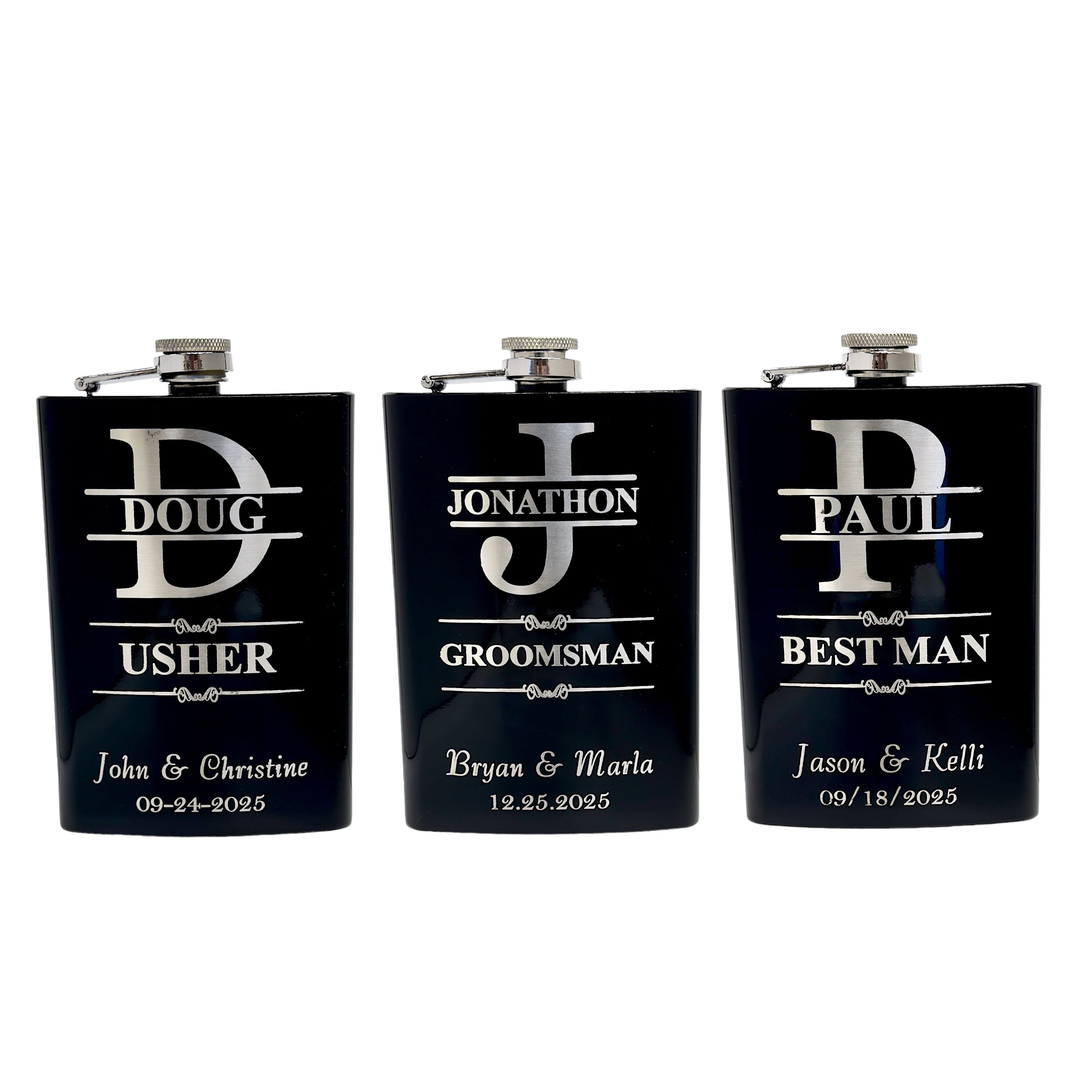 Split Letter Monogram Wedding flask for Groomsman Best Man Gifts PERSONALIZED BLACK FLASK
