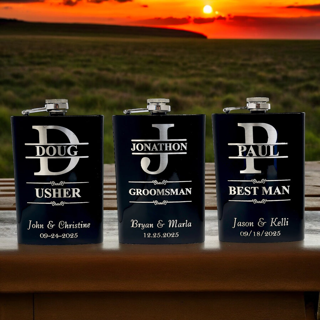 Split Letter Monogram Wedding flask for Groomsman Best Man Gifts PERSONALIZED BLACK FLASK