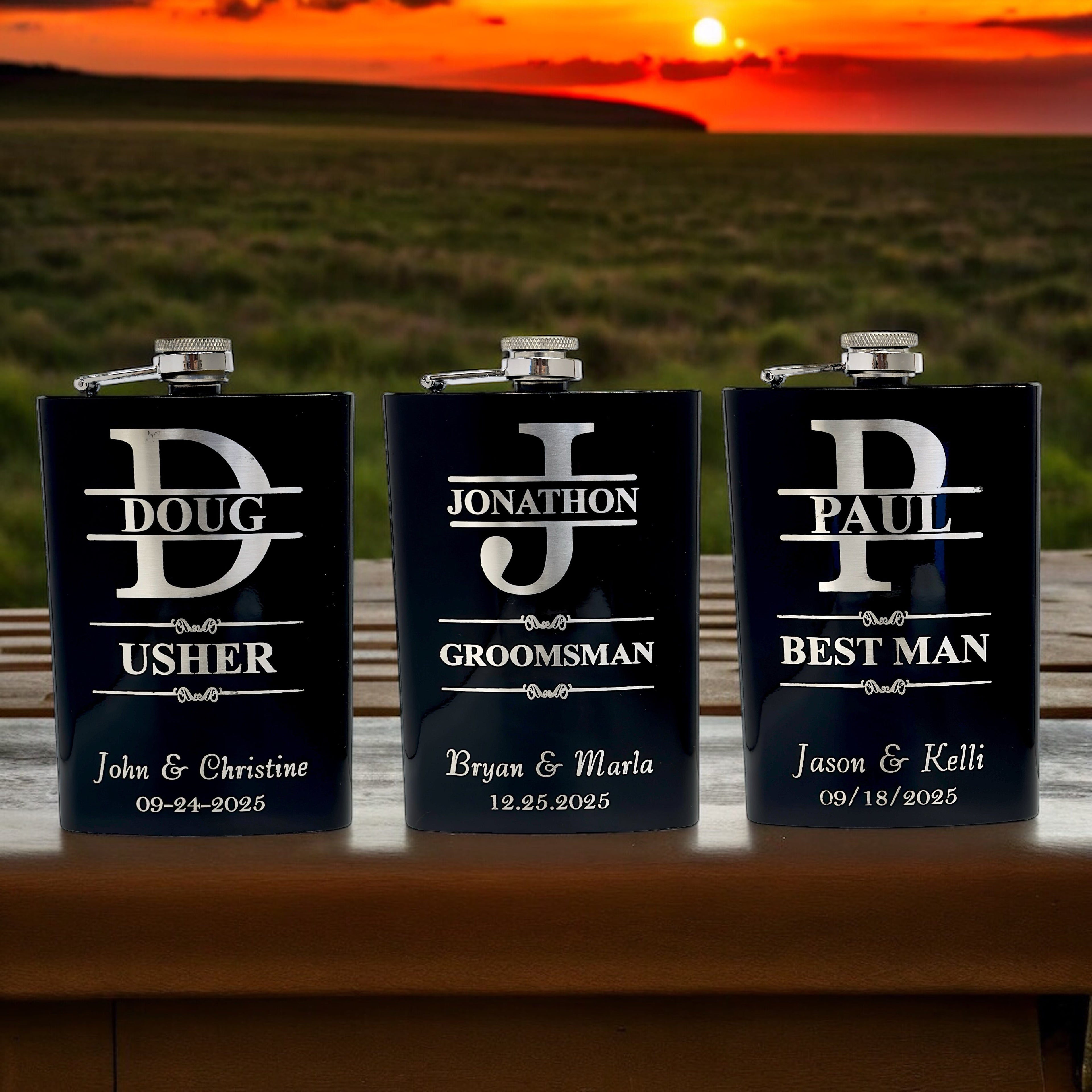 Split Letter Monogram Wedding flask for Groomsman Best Man Gifts PERSONALIZED BLACK FLASK