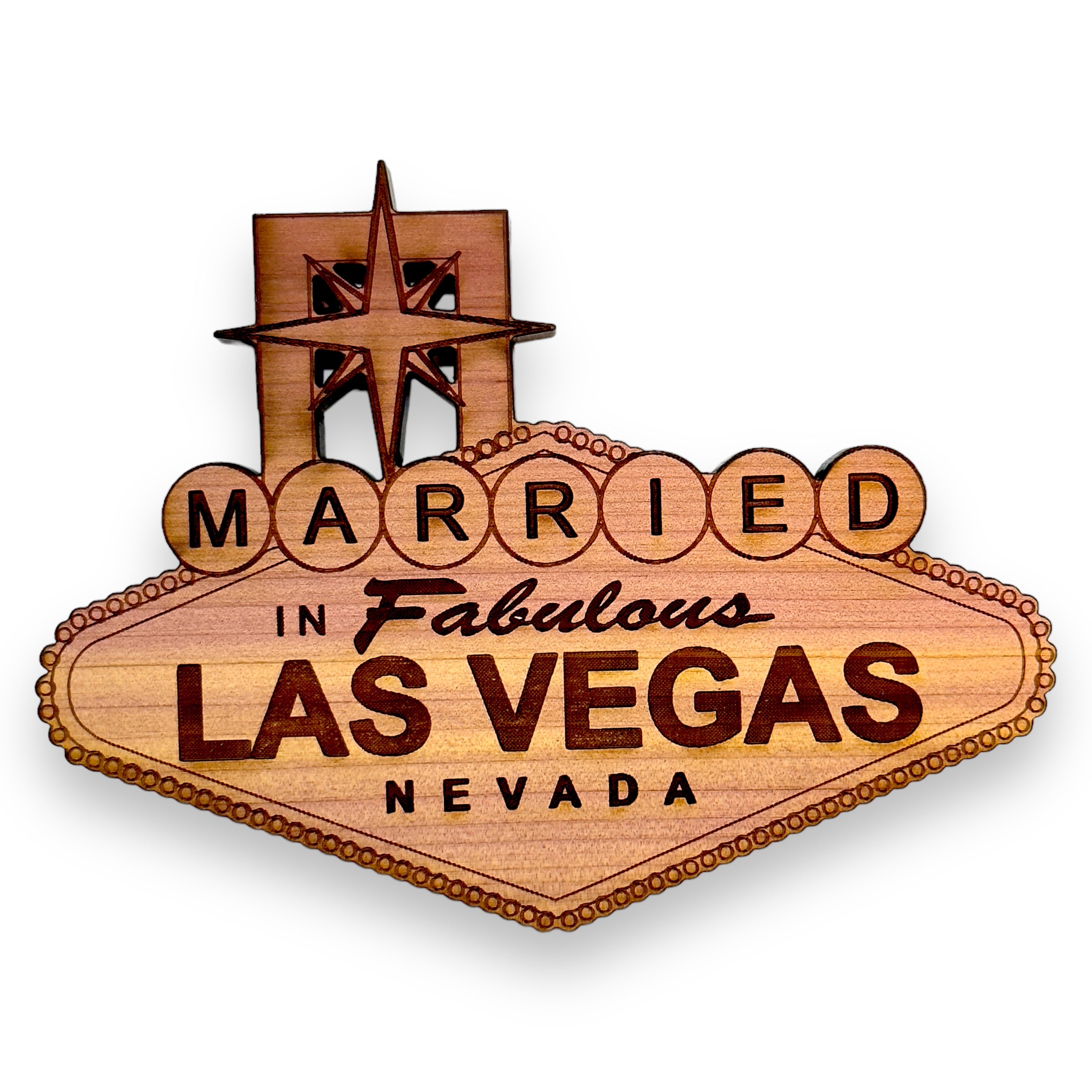 Cedar Ornament - Married in Las Vegas - Raw Cedar 3x3in