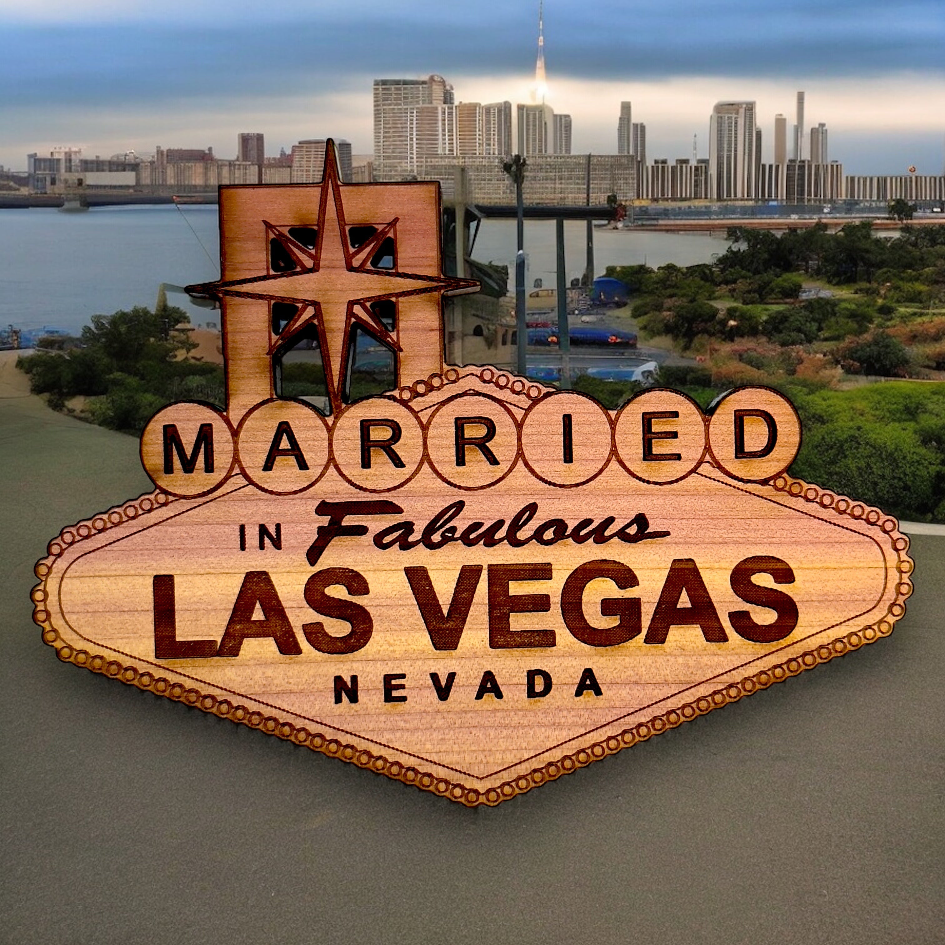 Cedar Ornament - Married in Las Vegas - Raw Cedar 3x3in