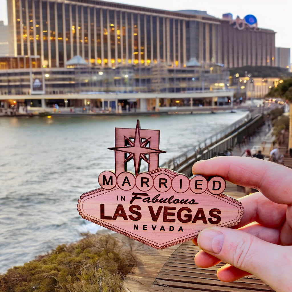Cedar Ornament - Married in Las Vegas - Raw Cedar 3x3in