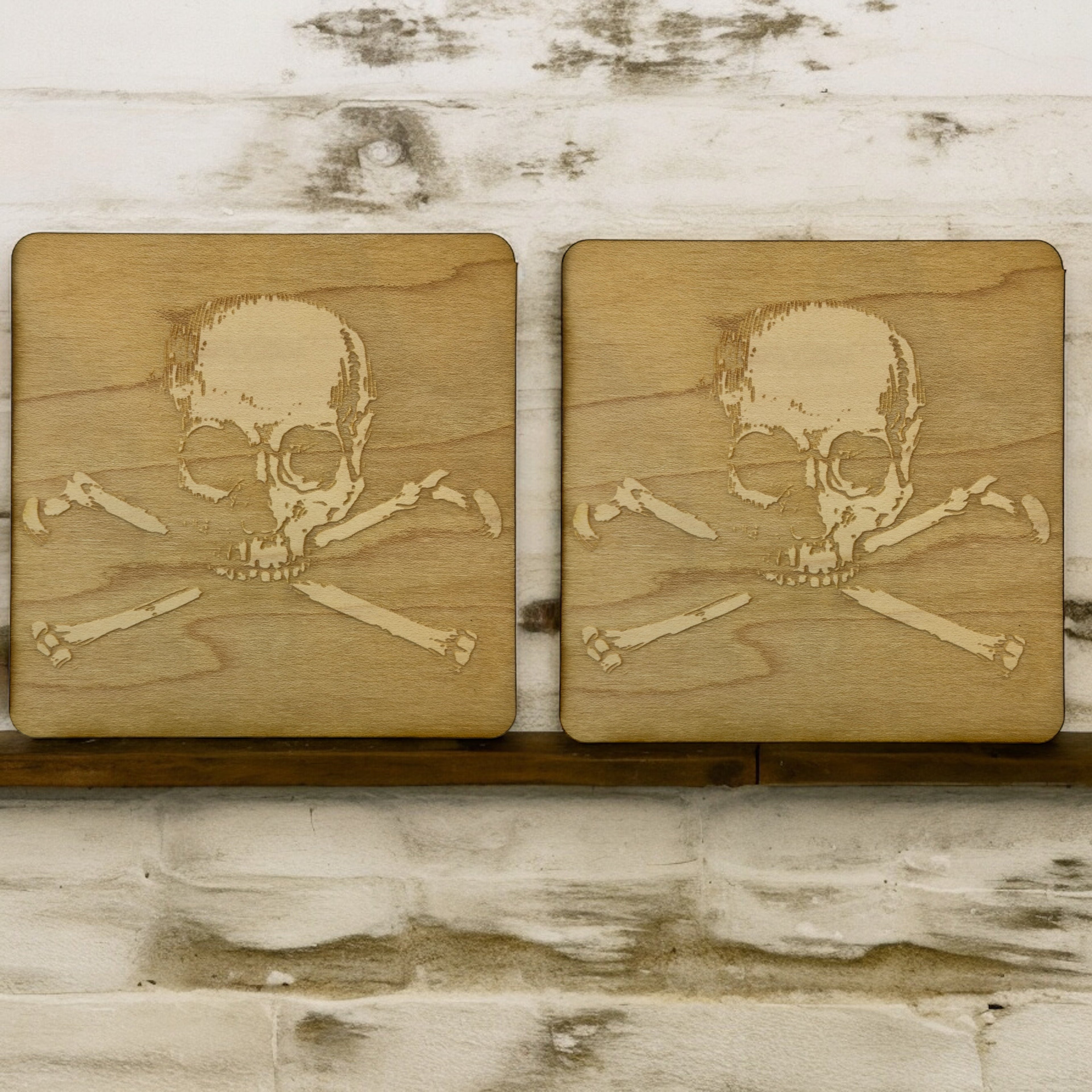 Skull and Crossbones Coaster Set of two 4x4in Raw Wood