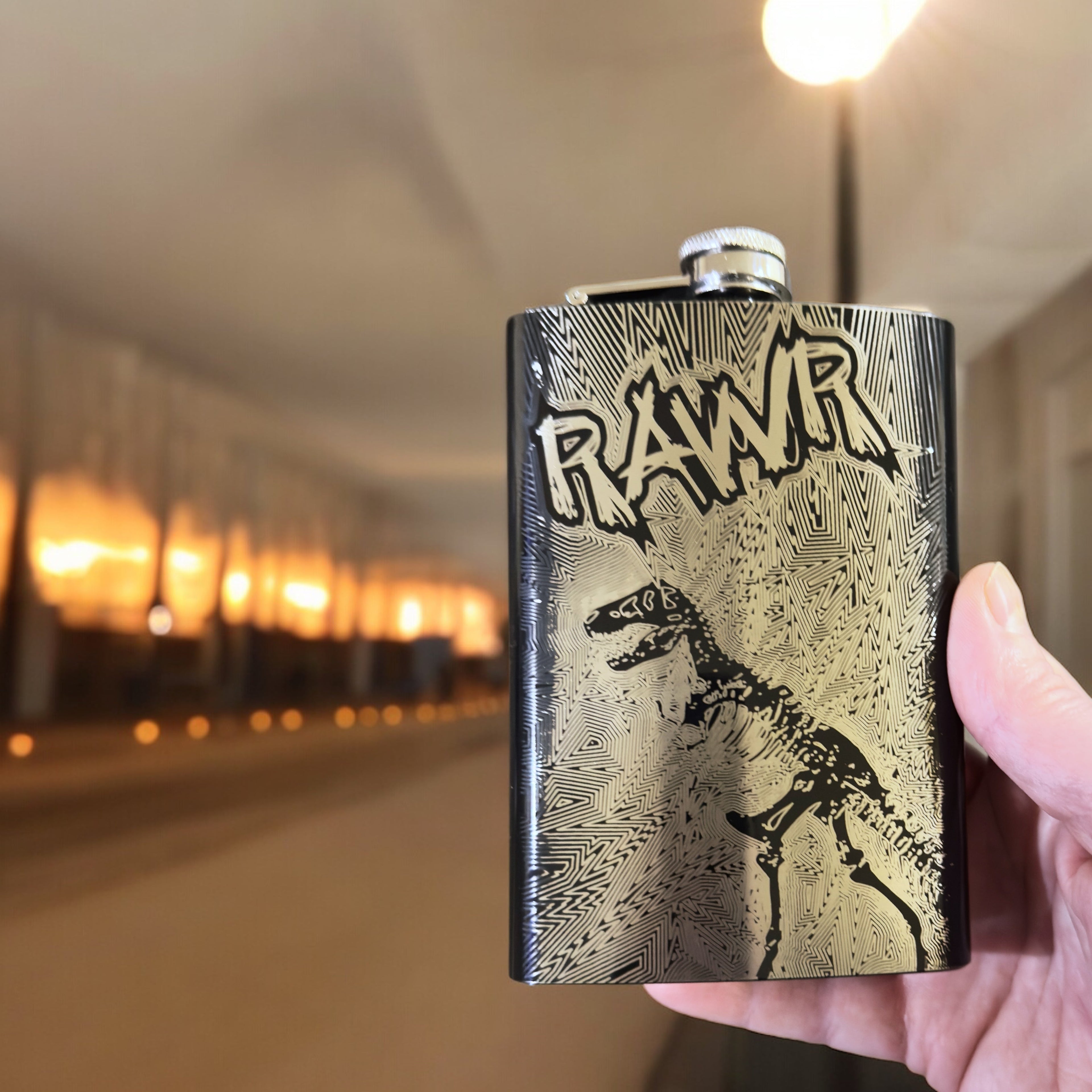 8oz BLACK RAWR Flask Dinosaur T-Rex