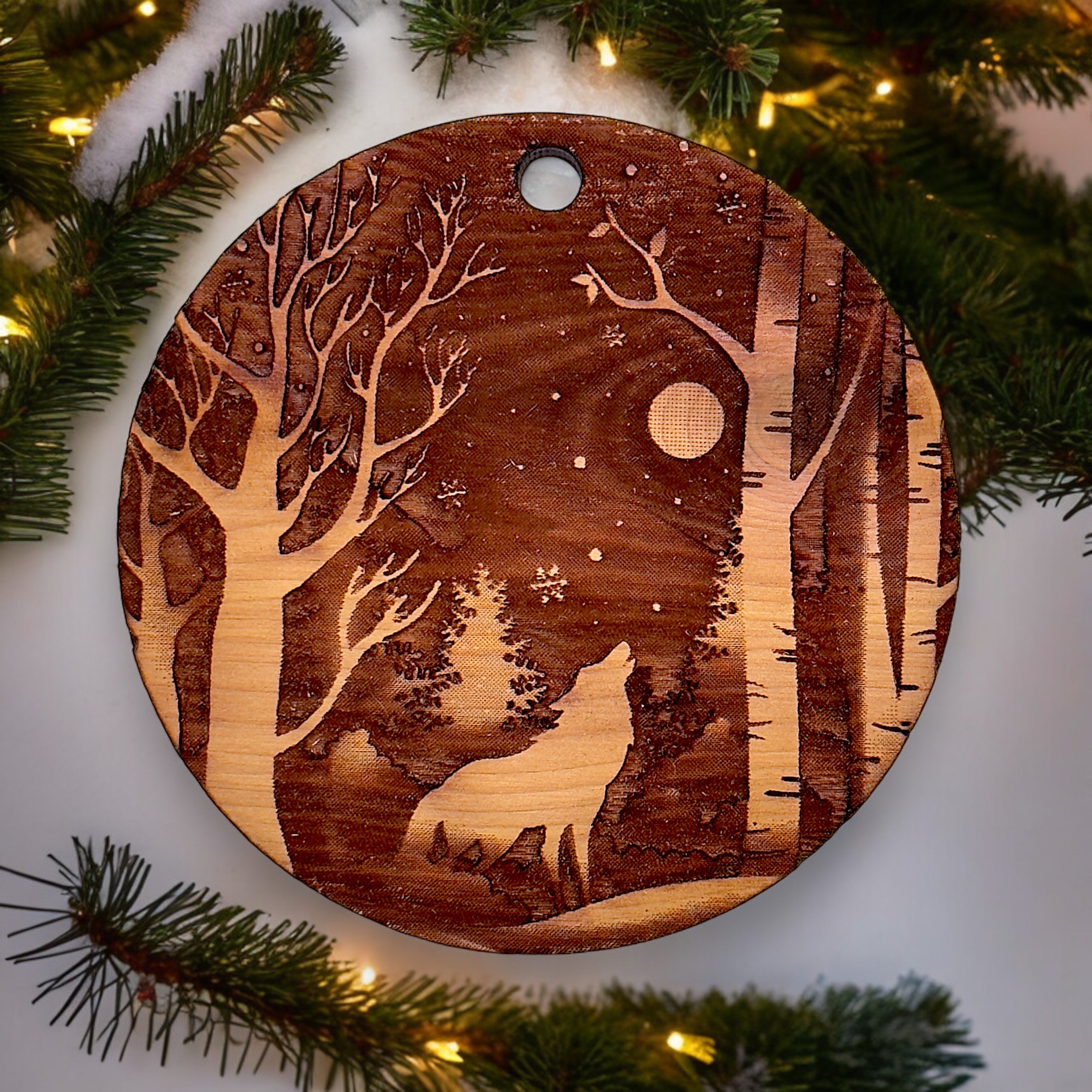 Winter Wolf - Raw Cedar Ornament 3x3in
