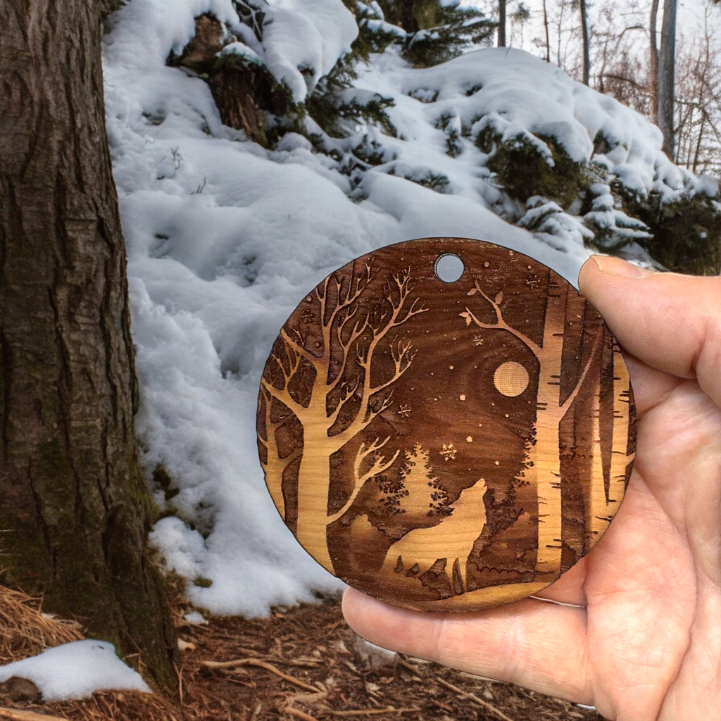 Winter Wolf - Raw Cedar Ornament 3x3in