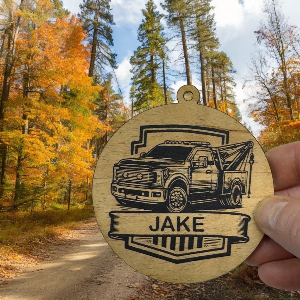 Ornament - Black - PERSONALIZED Tow Truck Wrecker