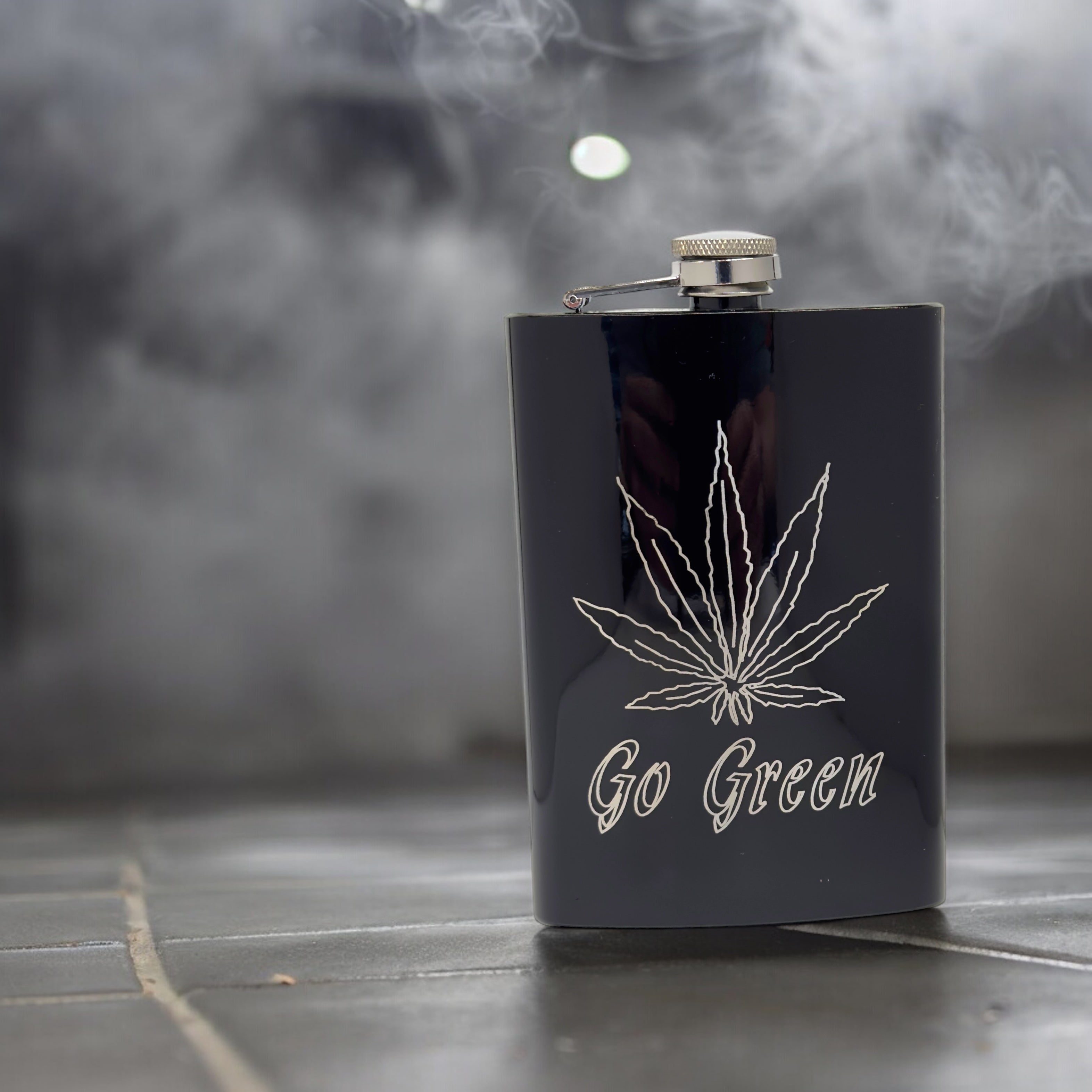 8oz Pot Leaf Black Hip Flask Hemp