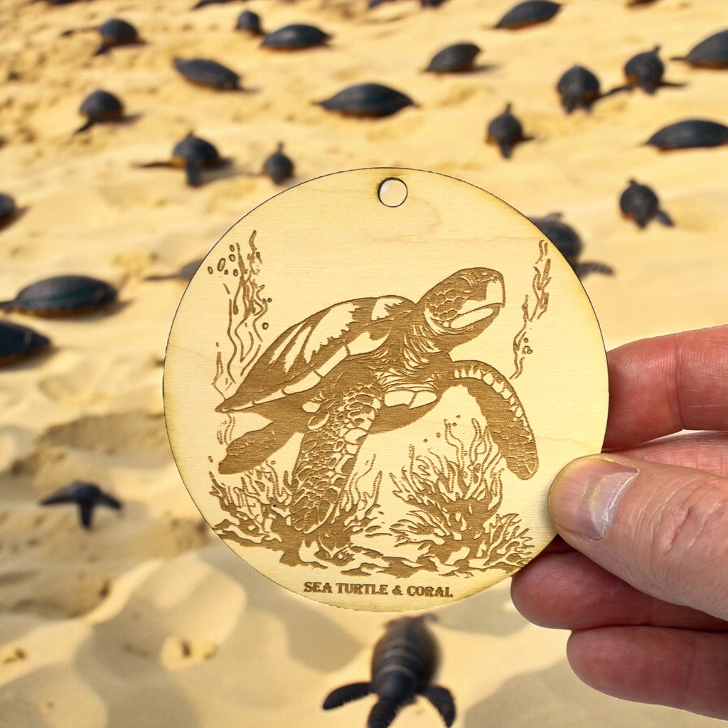 Ornament - Sea Turtle and Coral Raw Wood