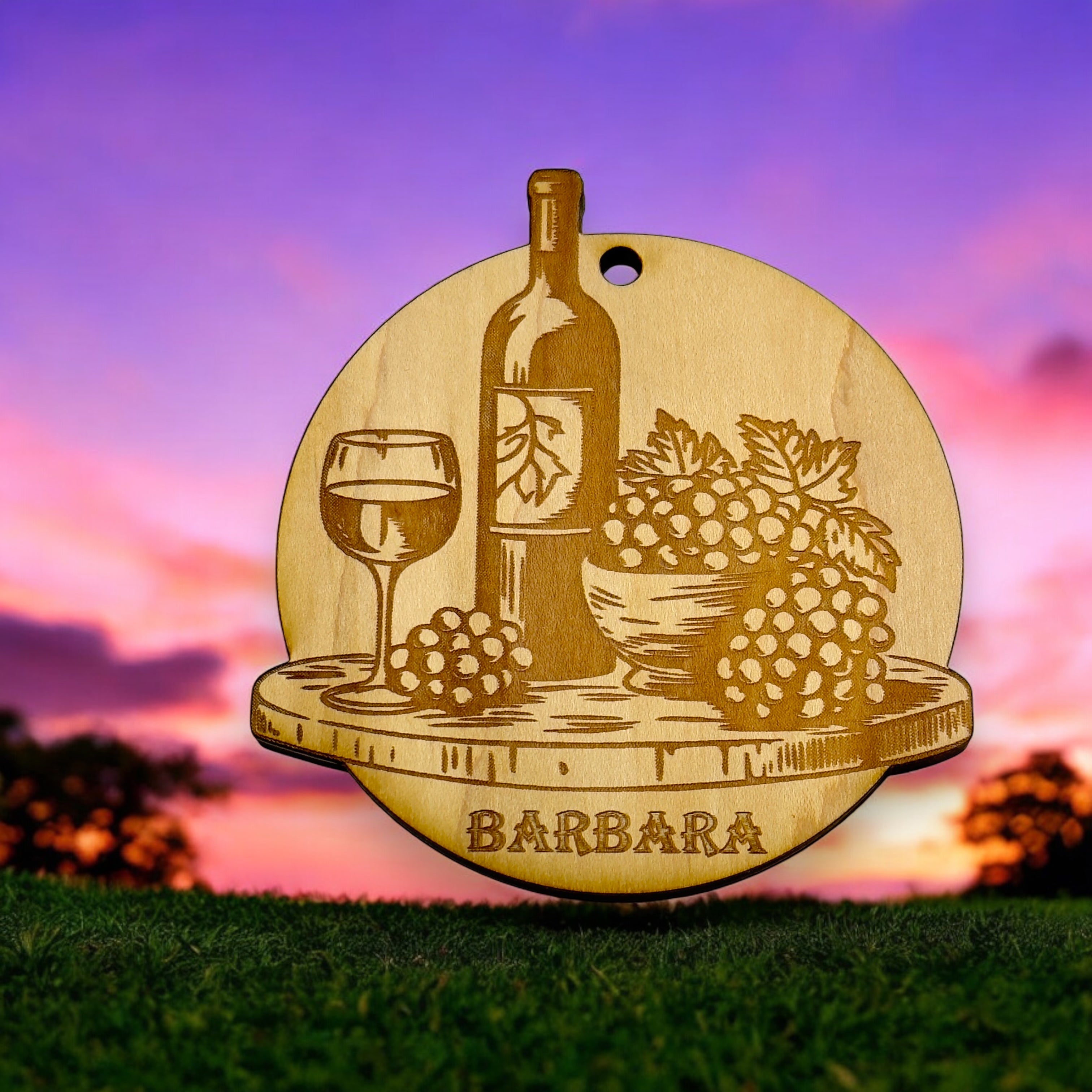 Ornament - PERSONALIZED Wine and Grapes Raw Wood