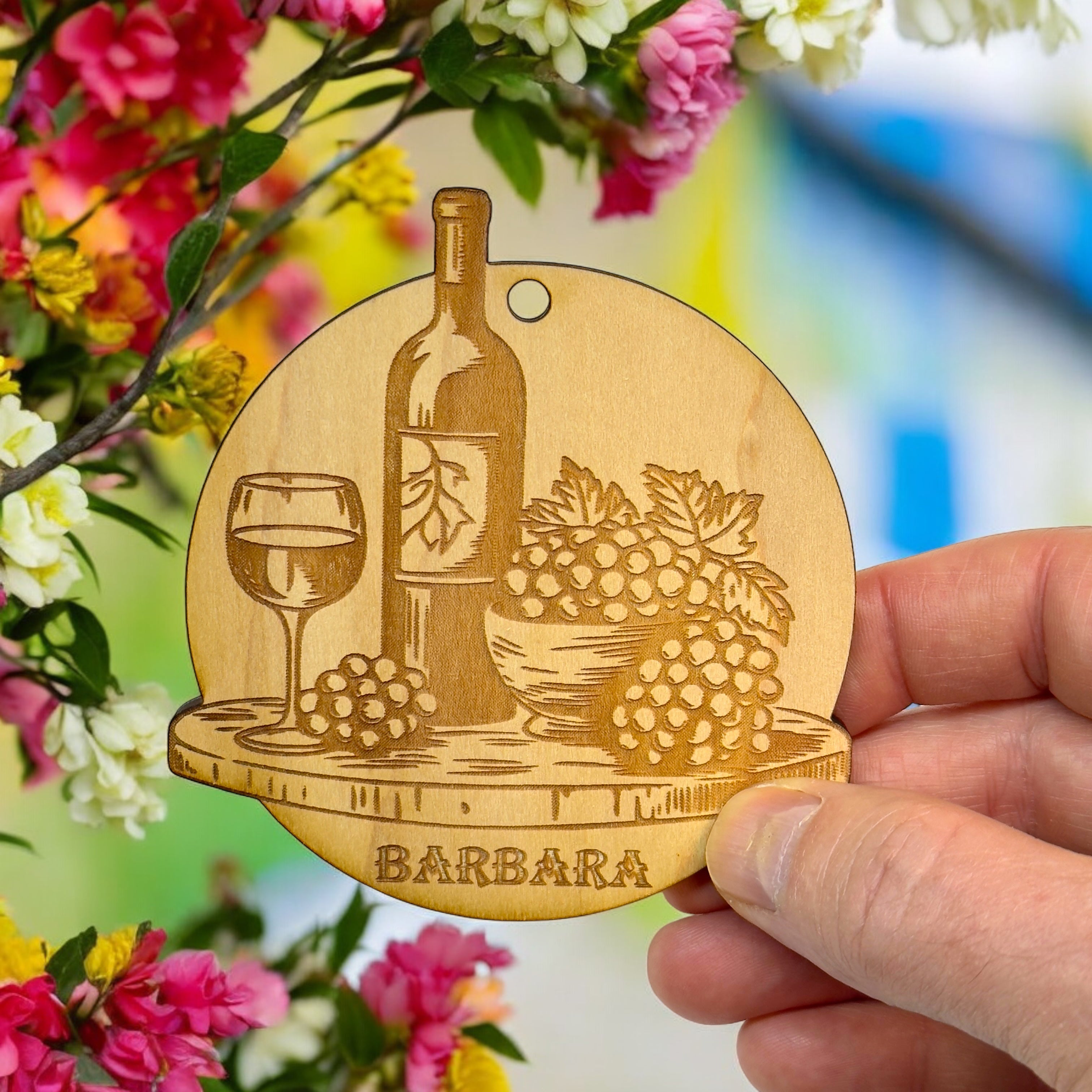 Ornament - PERSONALIZED Wine and Grapes Raw Wood