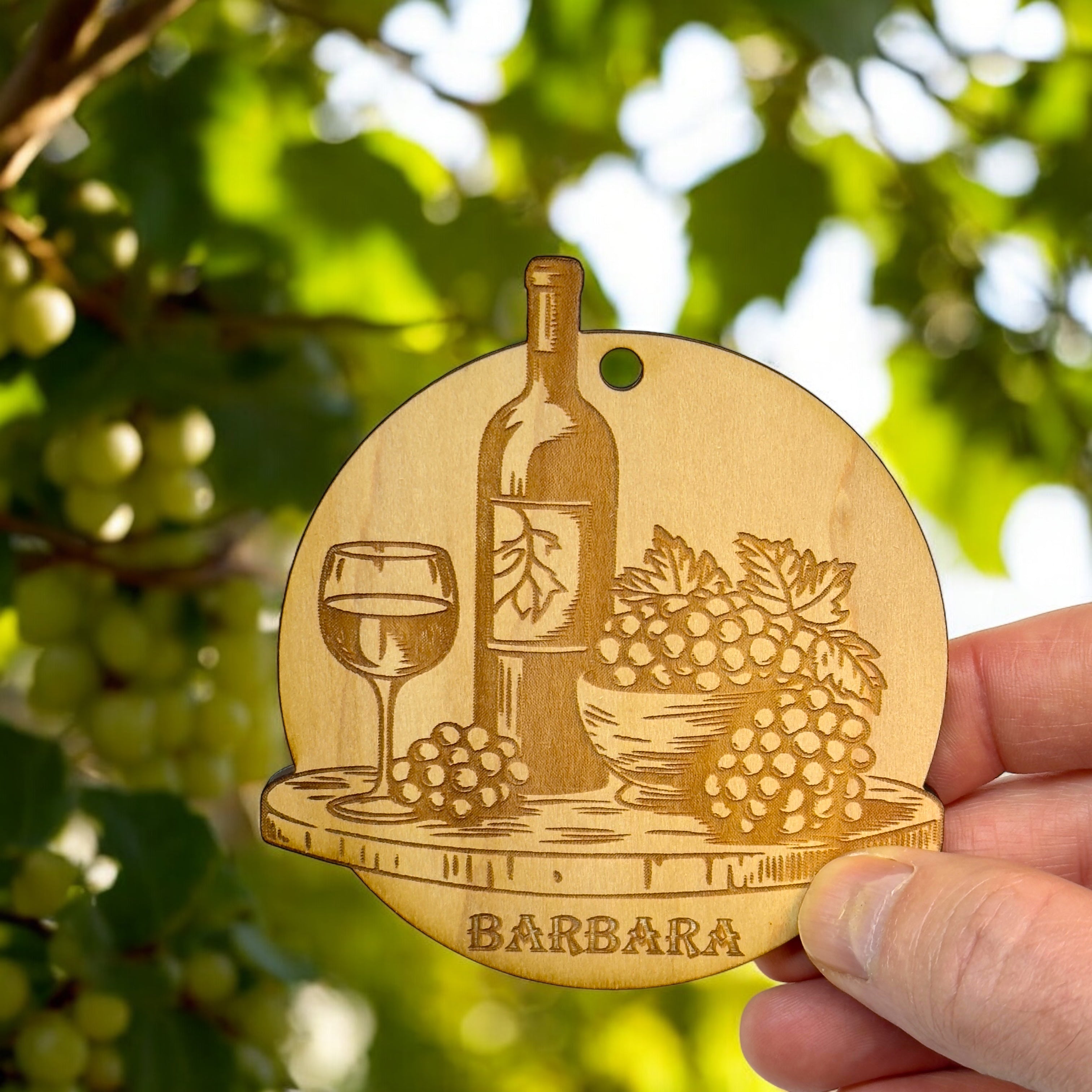 Ornament - PERSONALIZED Wine and Grapes Raw Wood
