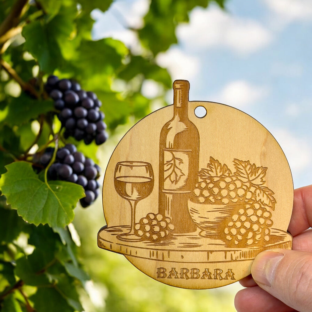 Ornament - PERSONALIZED Wine and Grapes Raw Wood