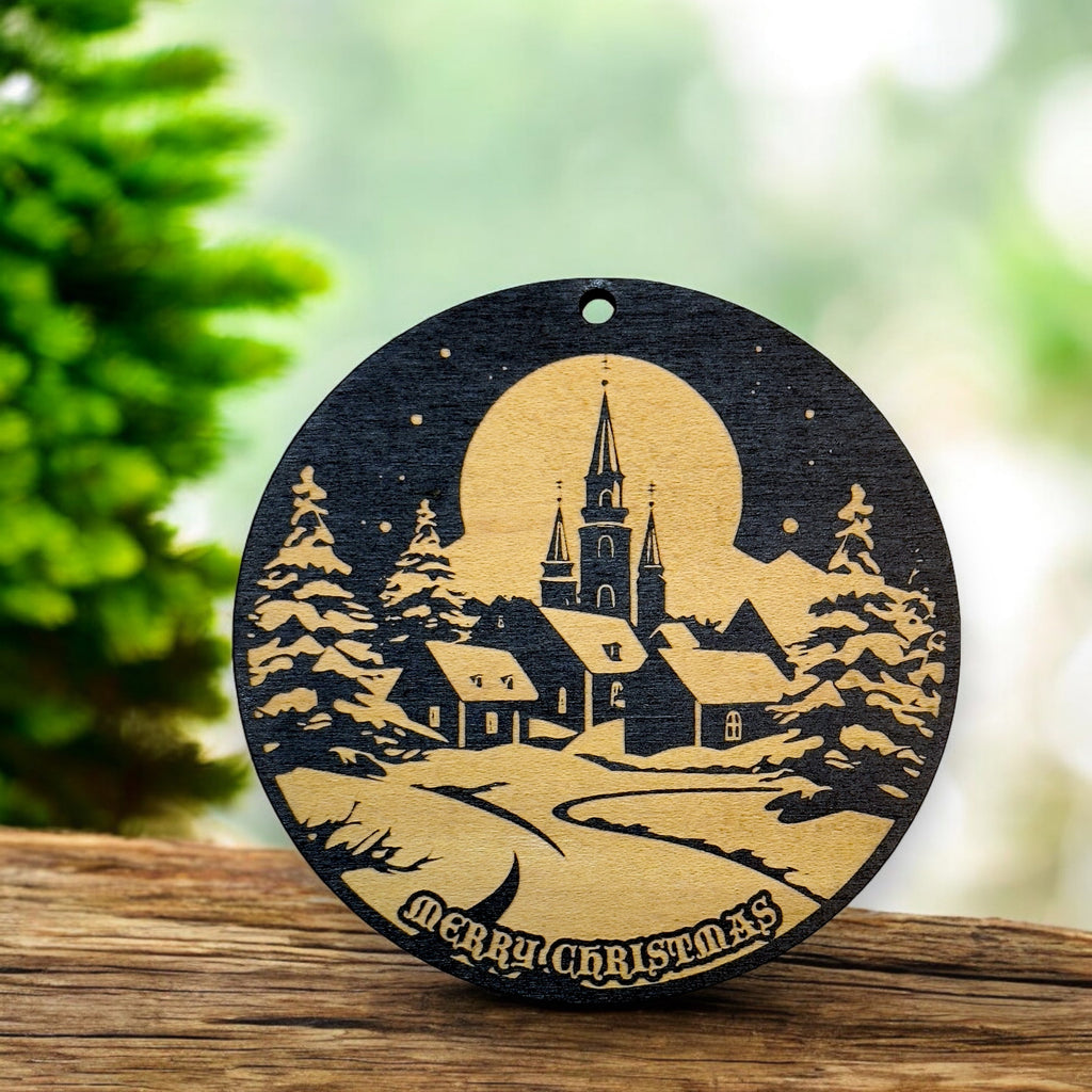 Ornament - Black - Merry Christmas Winter Scene