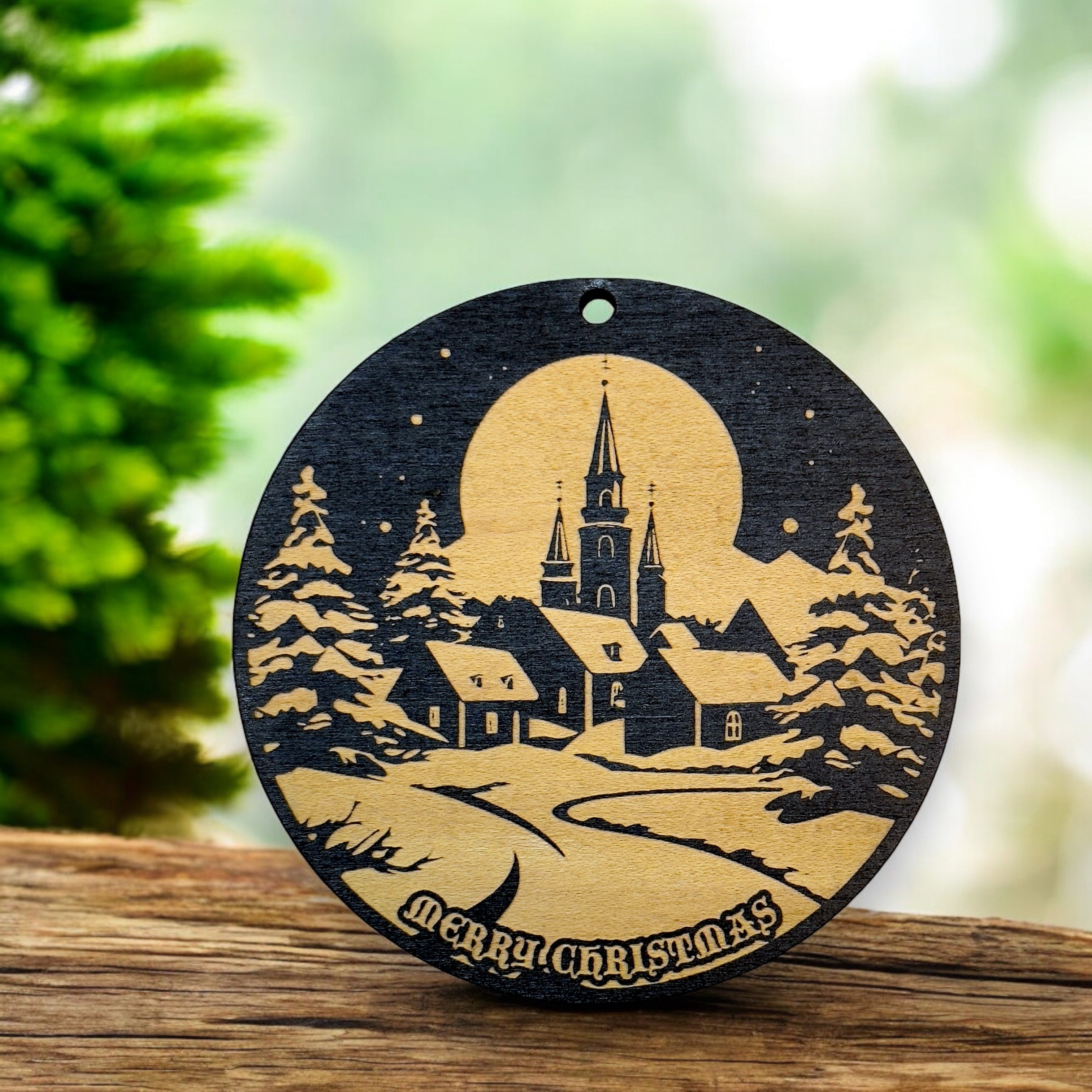 Ornament - Black - Merry Christmas Winter Scene