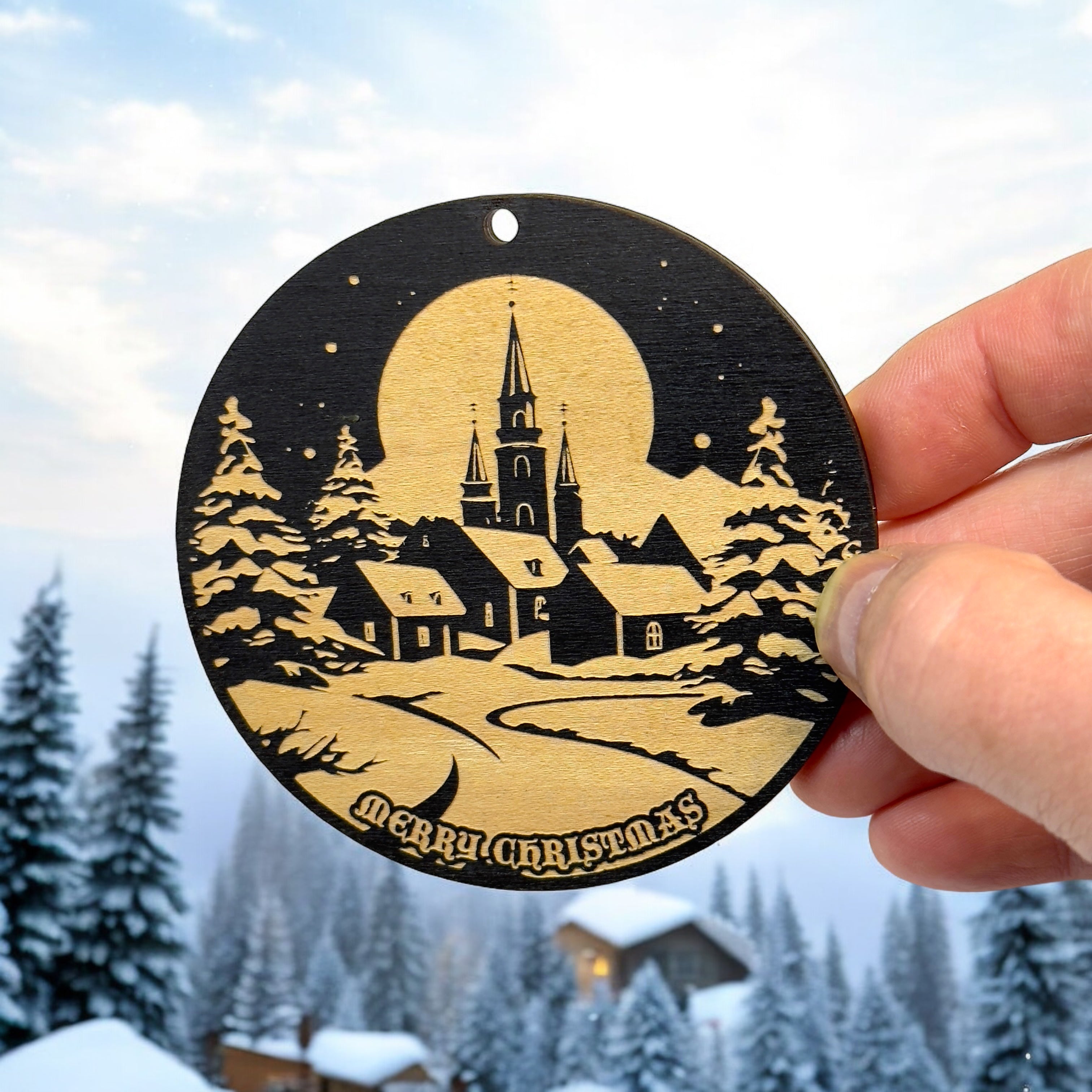 Ornament - Black - Merry Christmas Winter Scene