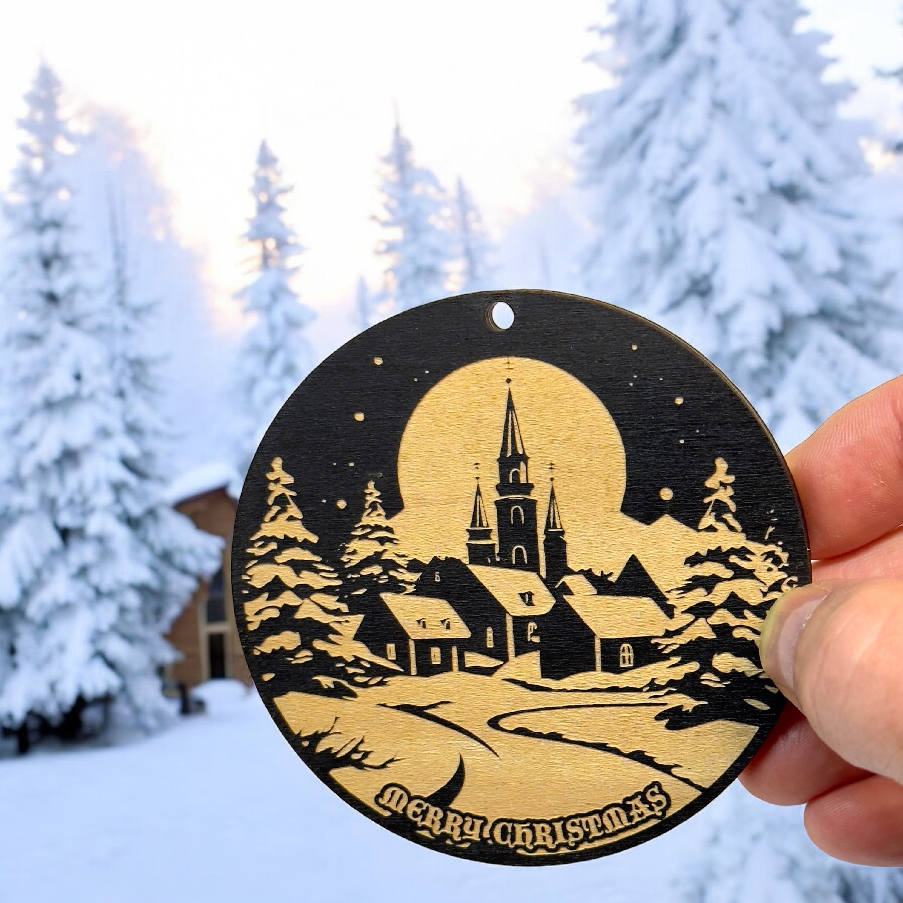 Ornament - Black - Merry Christmas Winter Scene