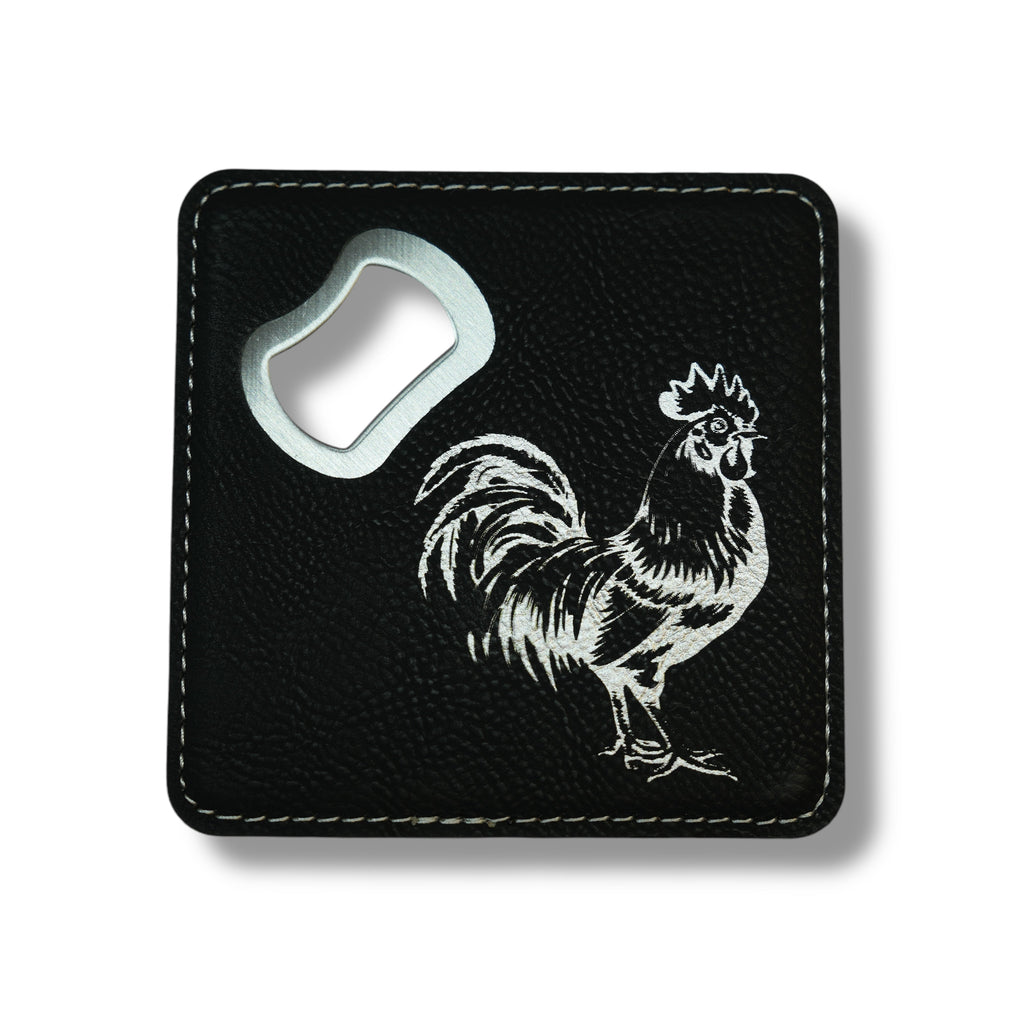 Coaster W/ BOTTLE OPENER - Chicken - SET OF 2 LEATHER