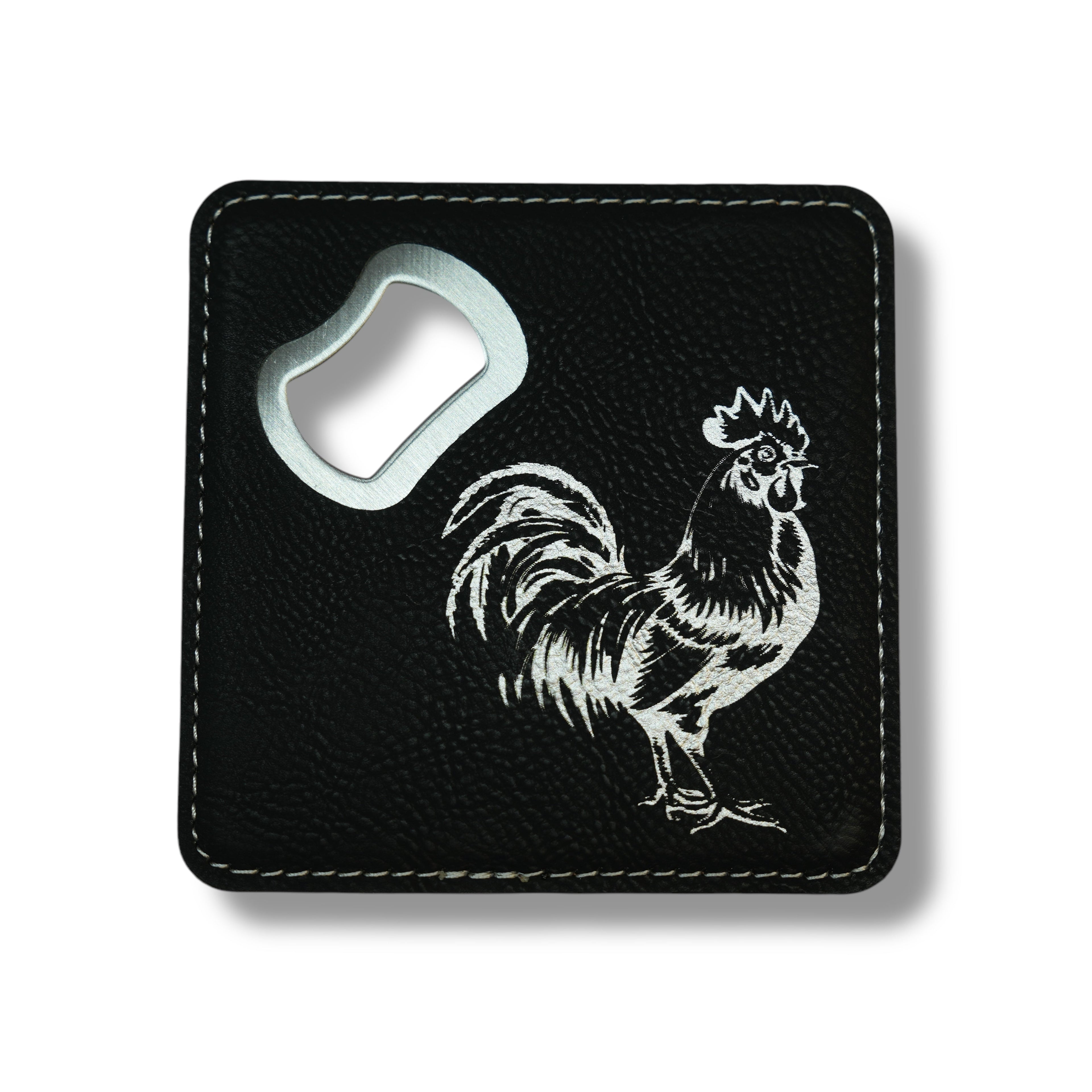 Coaster W/ BOTTLE OPENER - Chicken - SET OF 2 LEATHER