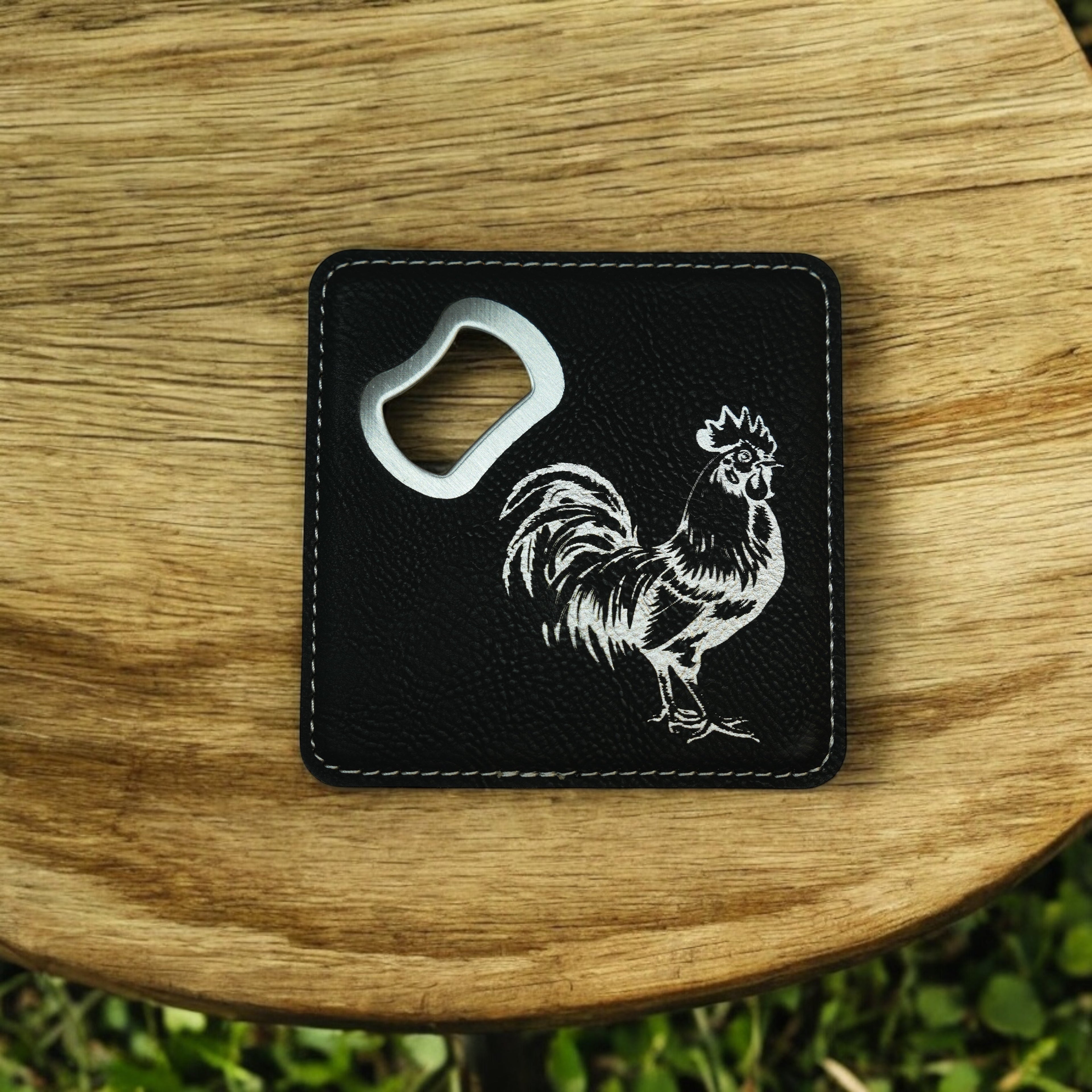 Coaster W/ BOTTLE OPENER - Chicken - SET OF 2 LEATHER