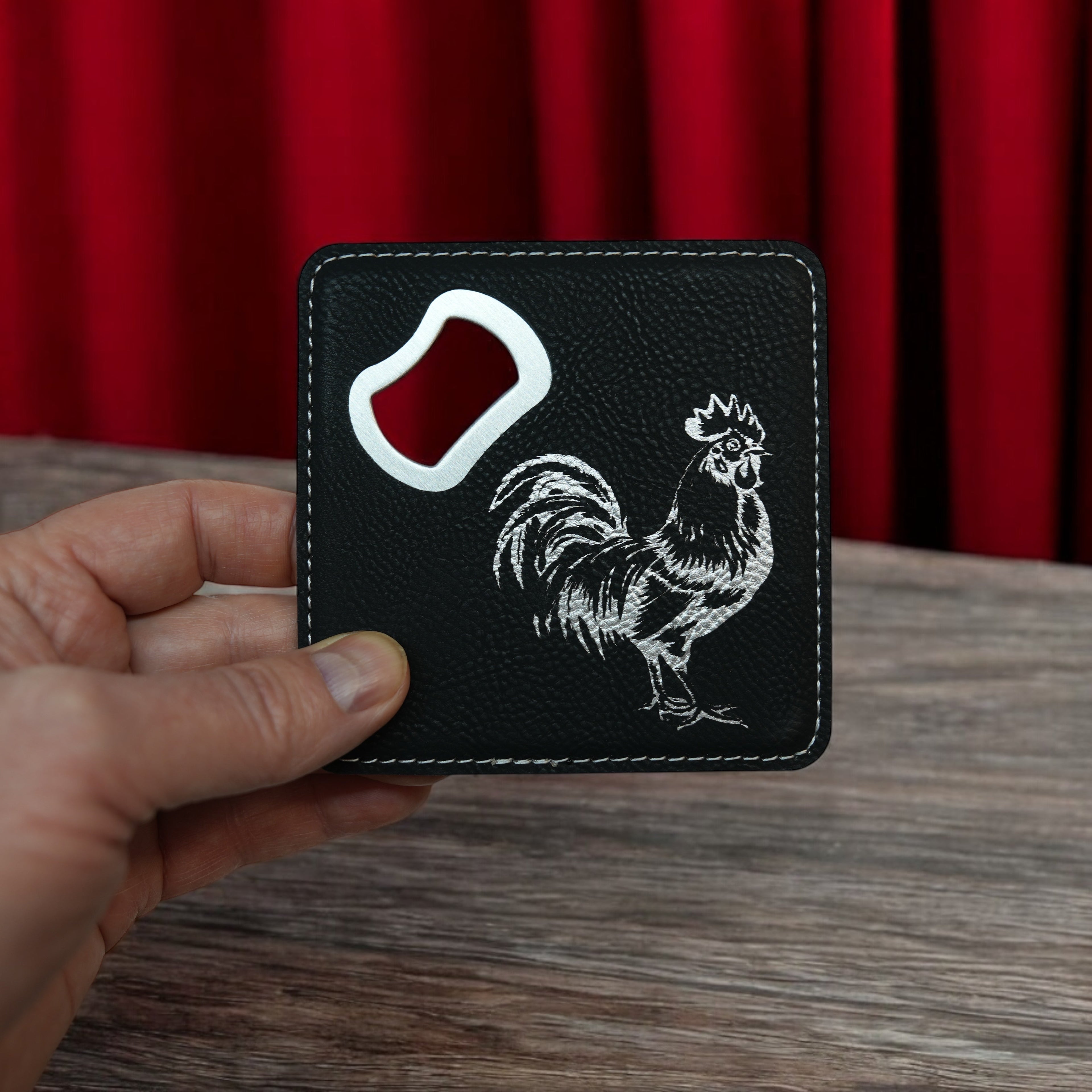 Coaster W/ BOTTLE OPENER - Chicken - SET OF 2 LEATHER