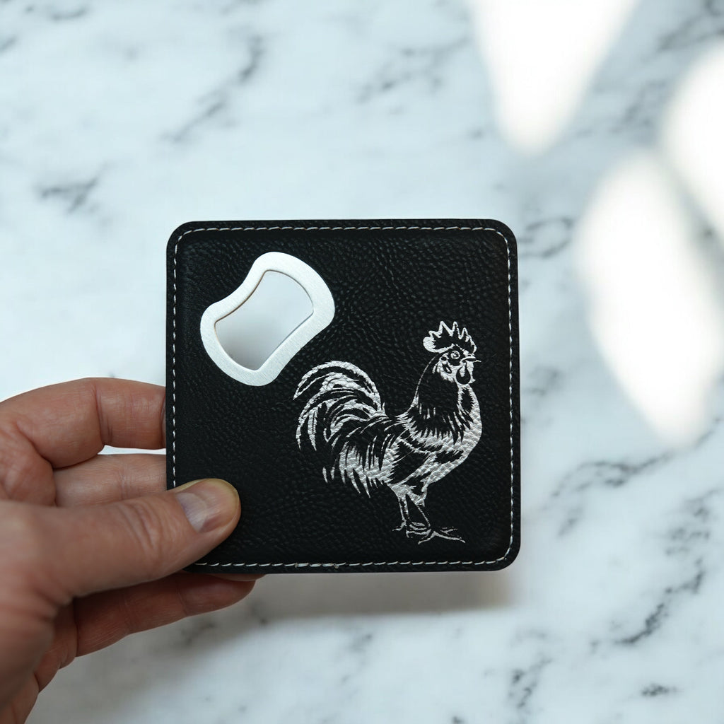Coaster W/ BOTTLE OPENER - Chicken - SET OF 2 LEATHER