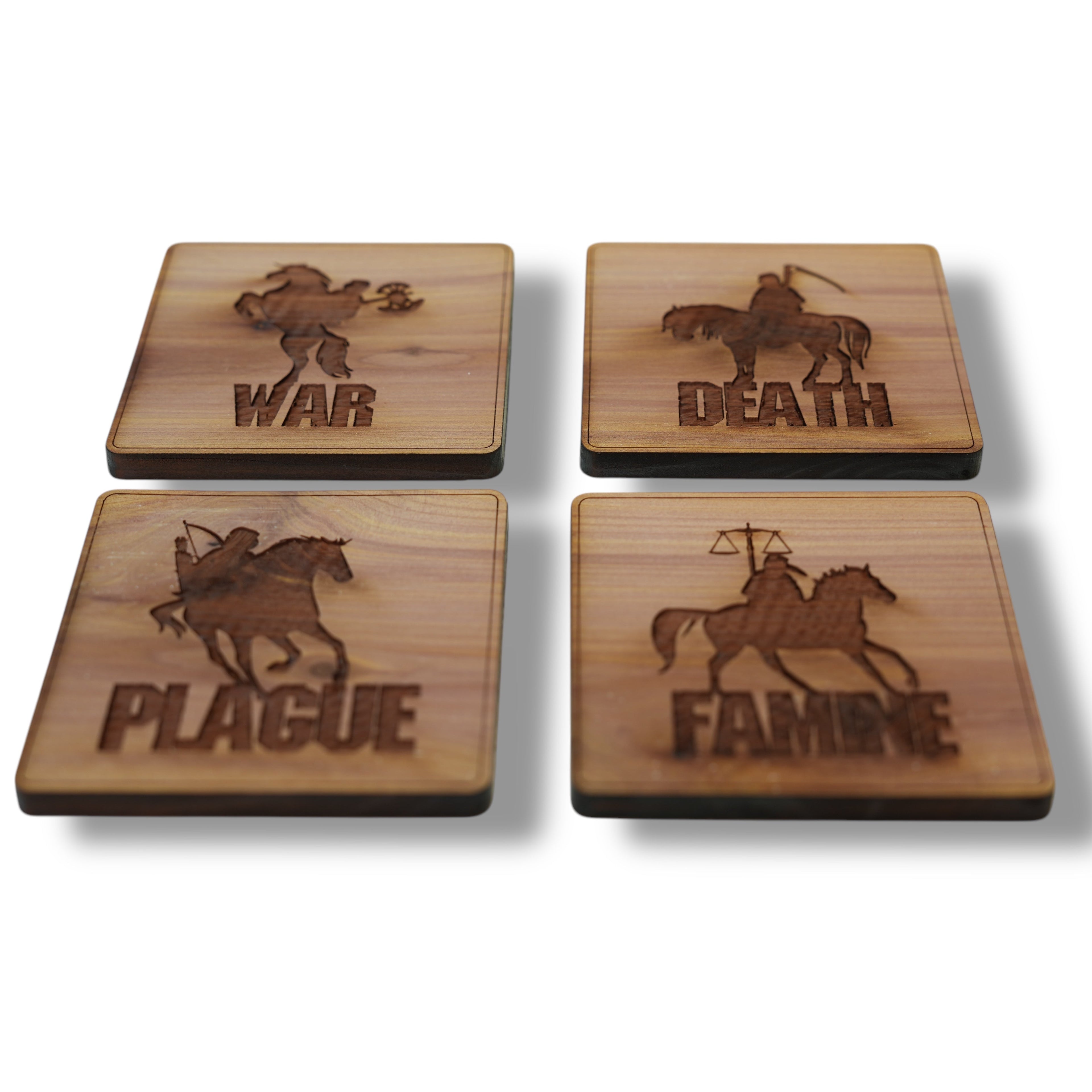 4 Horsemen of the Apocalypse - set Flight Board with 4ea Rocks Glasses, shot glasses, Rawhide keychains, Cedar Coasters